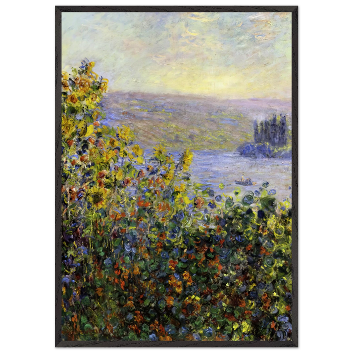 Flowers Beds at Vetheuil - claude monet 70x100 cm / 28x40 inches Framed Art Print – Black Wooden Frame