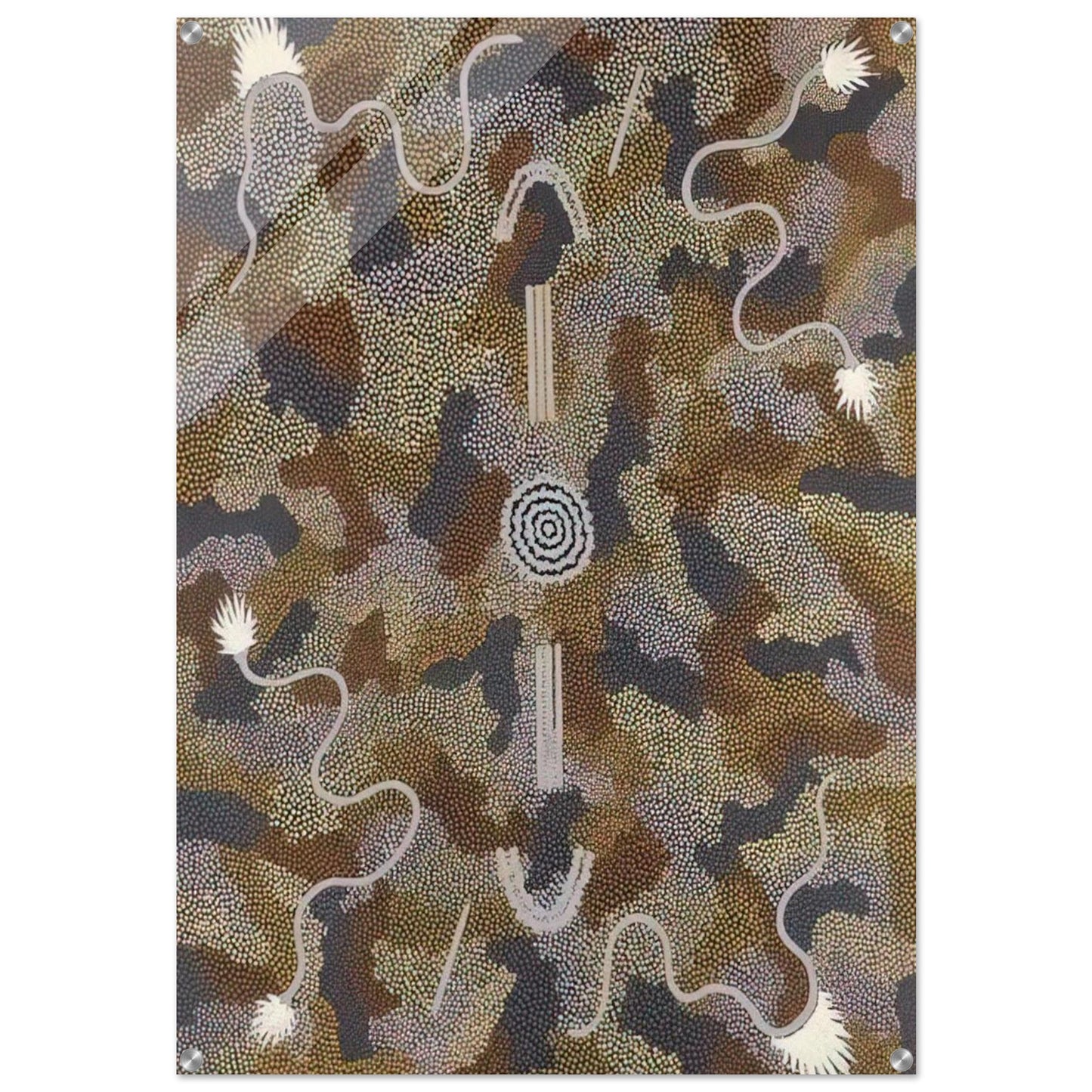 Honey Ant Dreaming at Yuelamu Mt. Allan - 1988 - Clifford Possum Tjapaltjarri Acrylic Print - 70x100 cm / 28x40″ inches | Clifford Possum Tjapaltjarri Wall Art | Clifford Possum Tjapaltjarri Prints