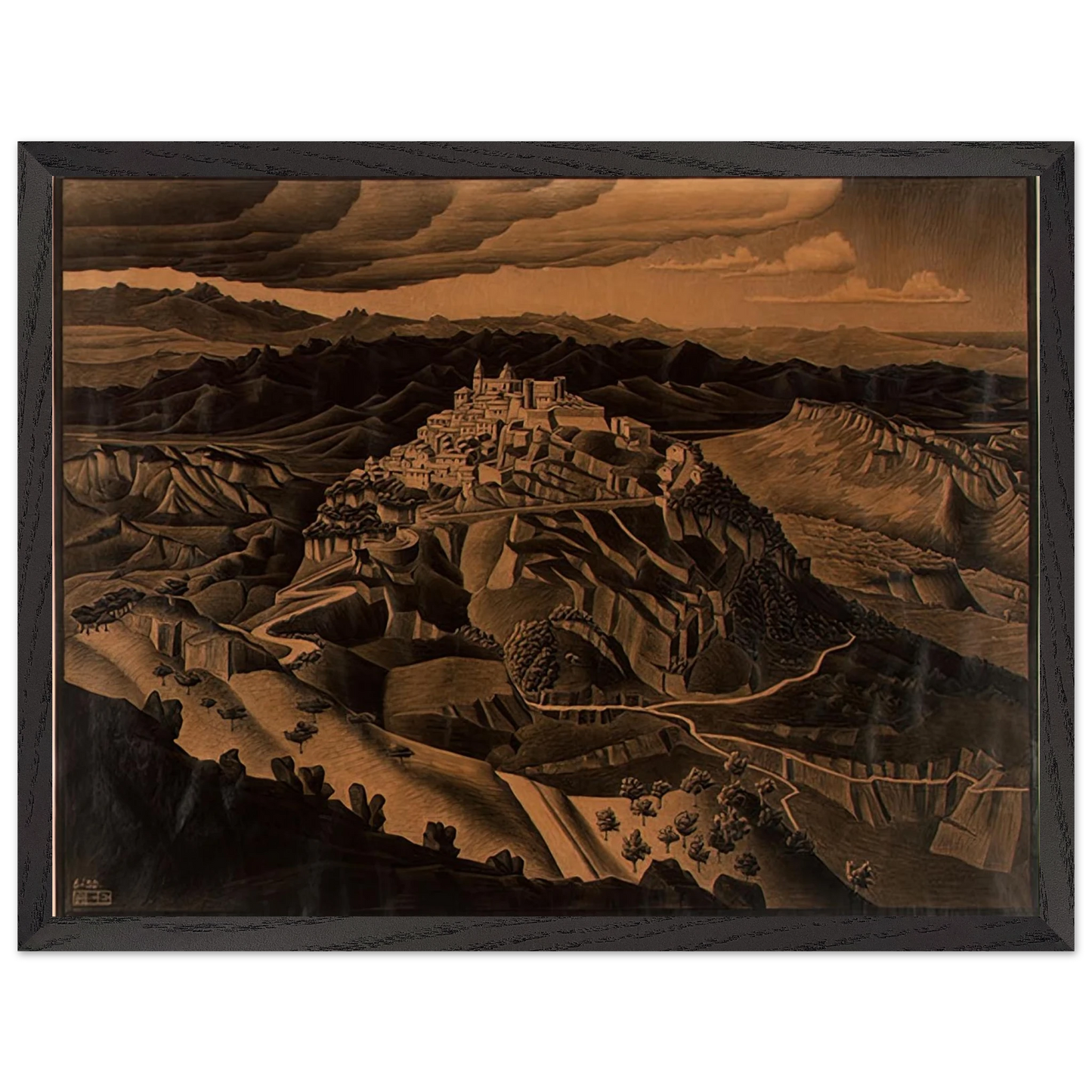 MC Escher - ITALIAN TOWN Wall Art - 30x40 cm / 12x16 inches - Premium Wooden Framed Poster With Fine Art Paper - White frame