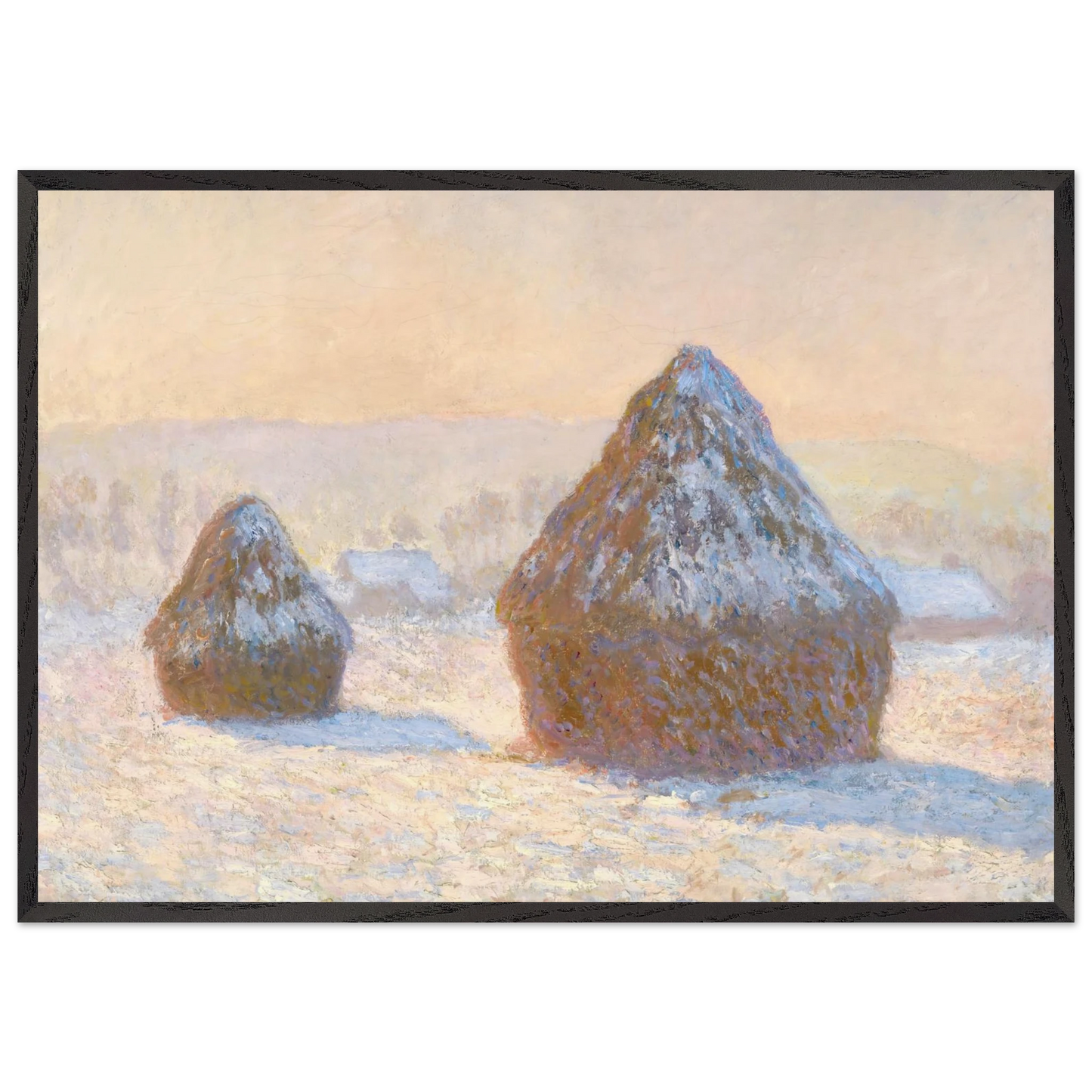 Wheatstacks Snow Effect Morning - claude monet Framed Art Print – Black Wooden Frame - Default Title - -Framed Art Print
