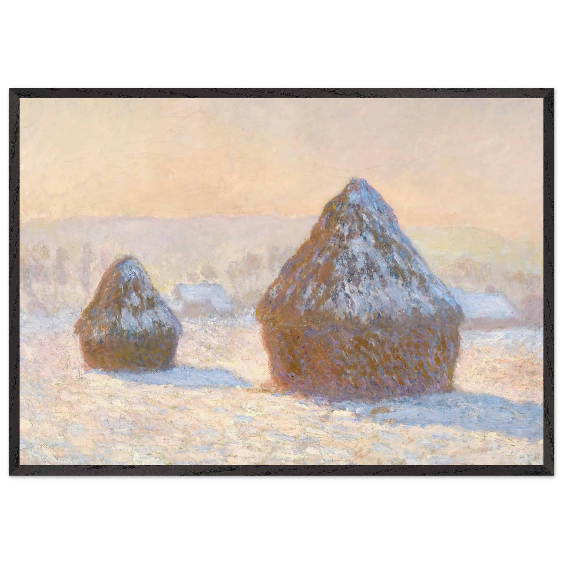 Wheatstacks Snow Effect Morning - claude monet Framed Art Print – Black Wooden Frame - Default Title - -Framed Art Print