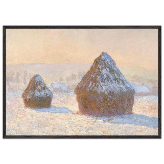 Wheatstacks Snow Effect Morning - claude monet Framed Art Print – Black Wooden Frame - Default Title - -Framed Art Print