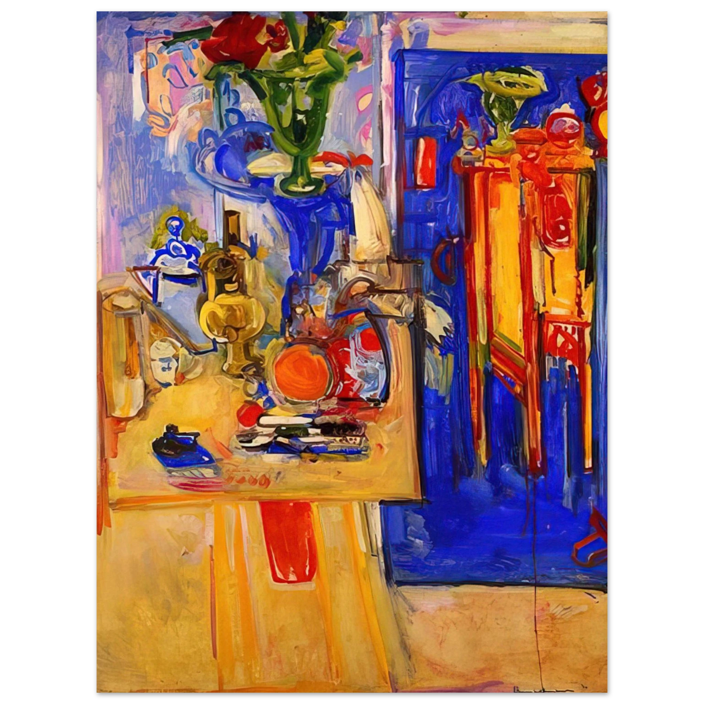 Hans Hofmann - Table with Teakettle, Green Vase and Red Flowers Fine Art Poster - Default Title