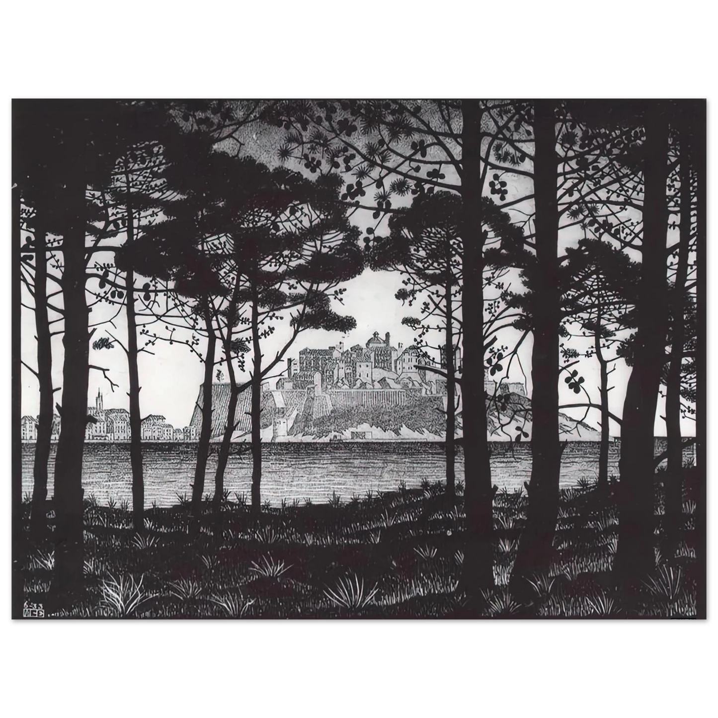 MC Escher - PINETA OF CALVI CORSICA Wall Art - 21x29.7 cm / 8x12" - Premium Wooden Framed Poster With Fine Art Paper - White frame
