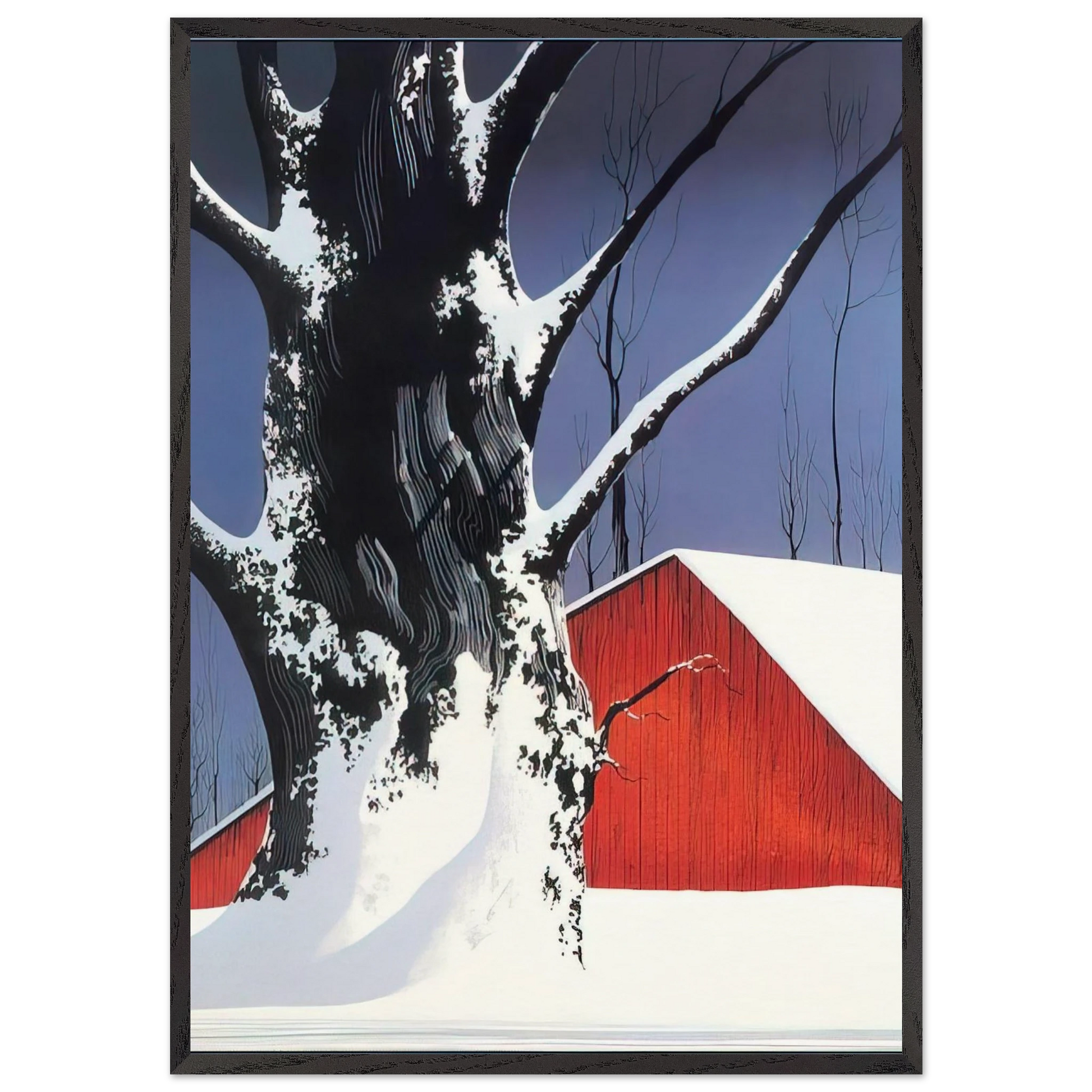 Red Barn and Tree Snow - Eyvind Earle Framed Art Print – Black Wooden Frame - Default Title - -Framed Art Print