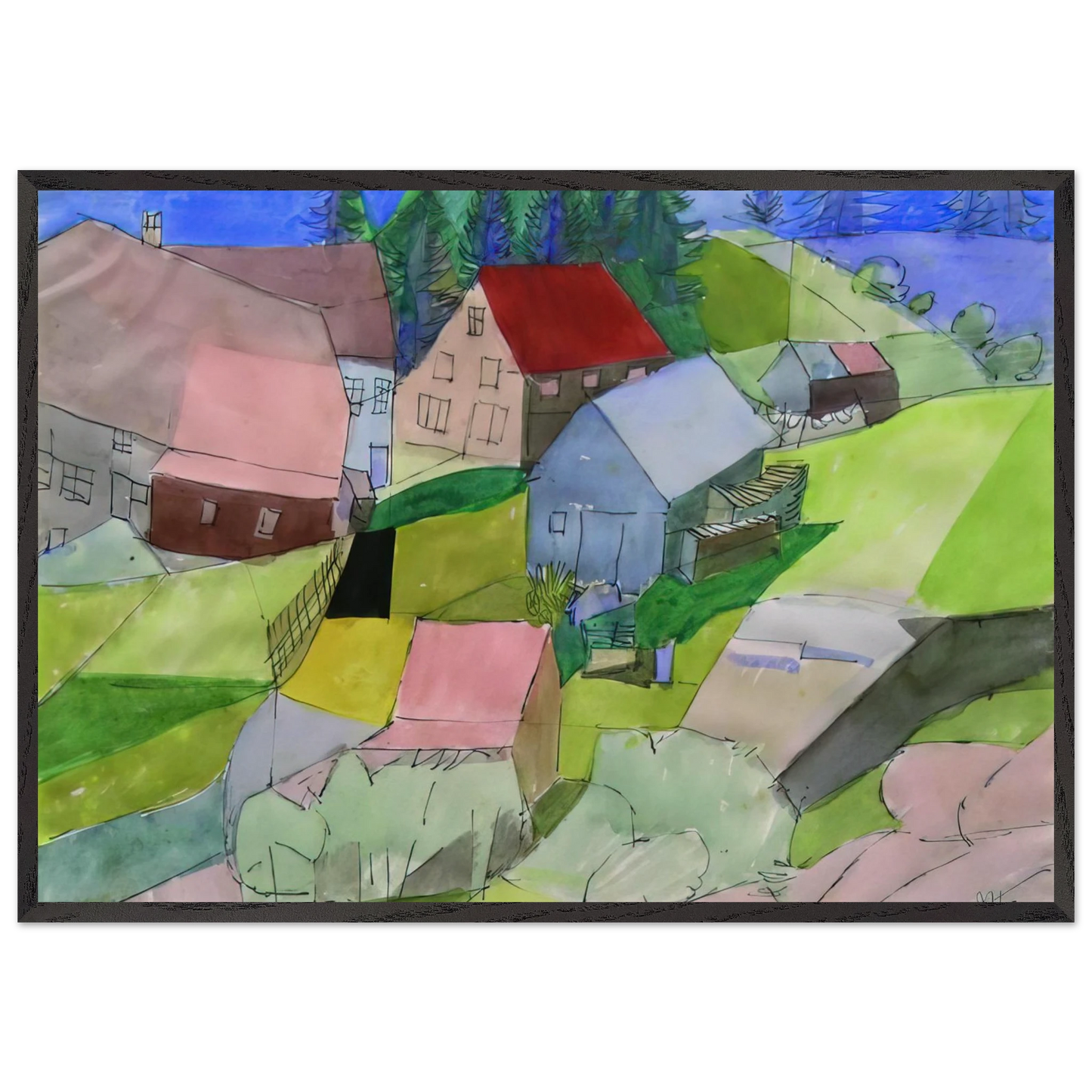 Hauser im Schwarzwald - Naive Art Primitivism - Johannes Itten Framed Art Print – Black Wooden Frame - Default Title - -Framed Art Print