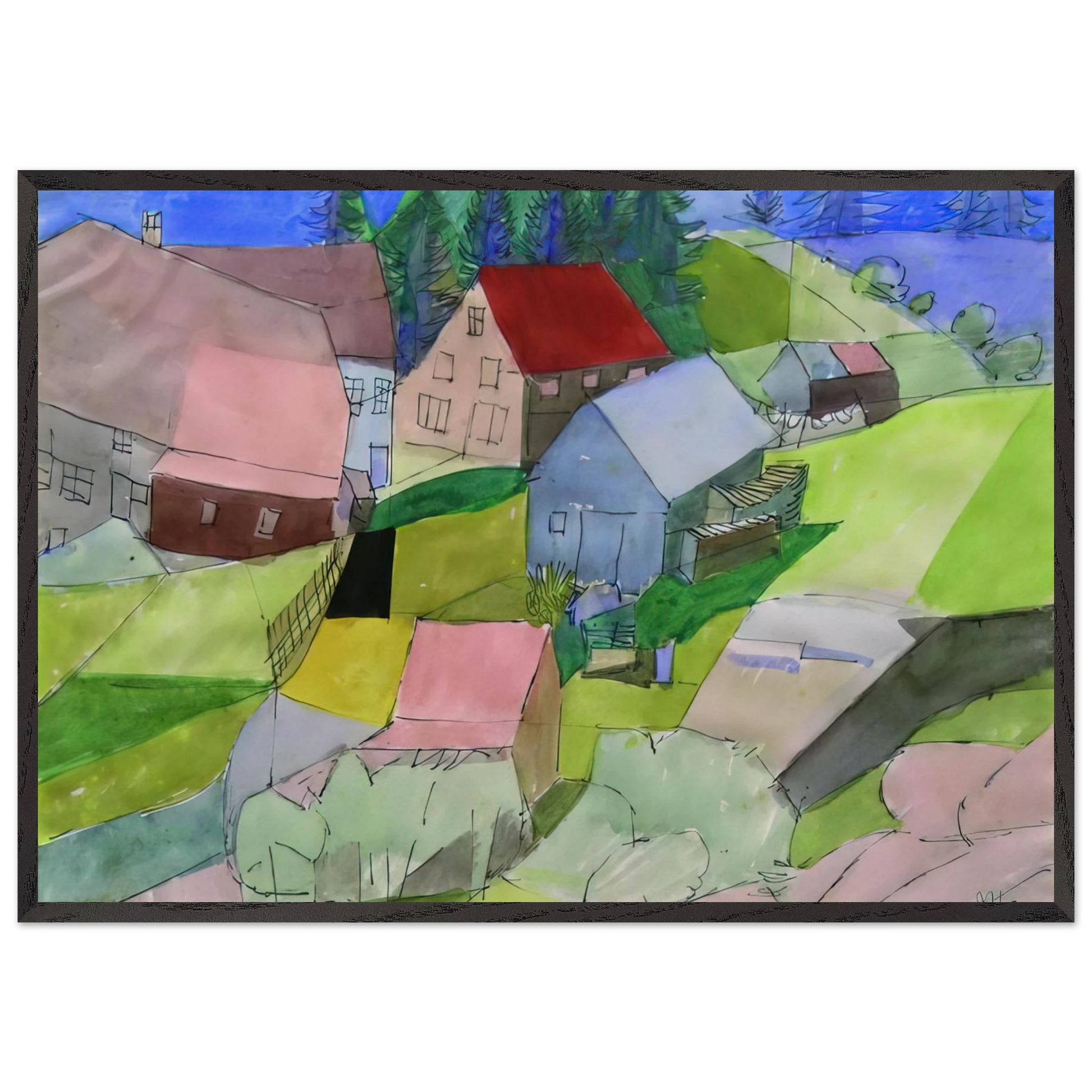 Hauser im Schwarzwald - Naive Art Primitivism - Johannes Itten Framed Art Print – Black Wooden Frame - Default Title - -Framed Art Print