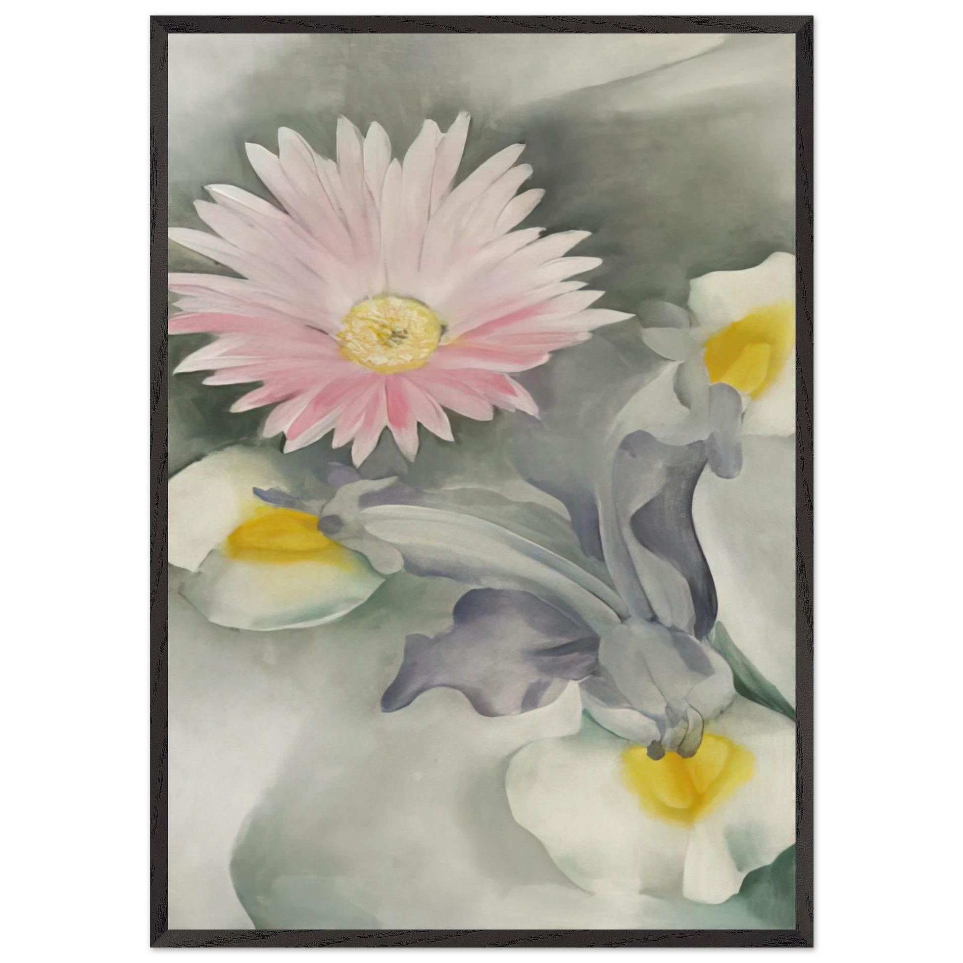 Pink Daisy with Iris - Georgia OKeeffe 70x100 cm / 28x40 inches Framed Art Print – Black Wooden Frame