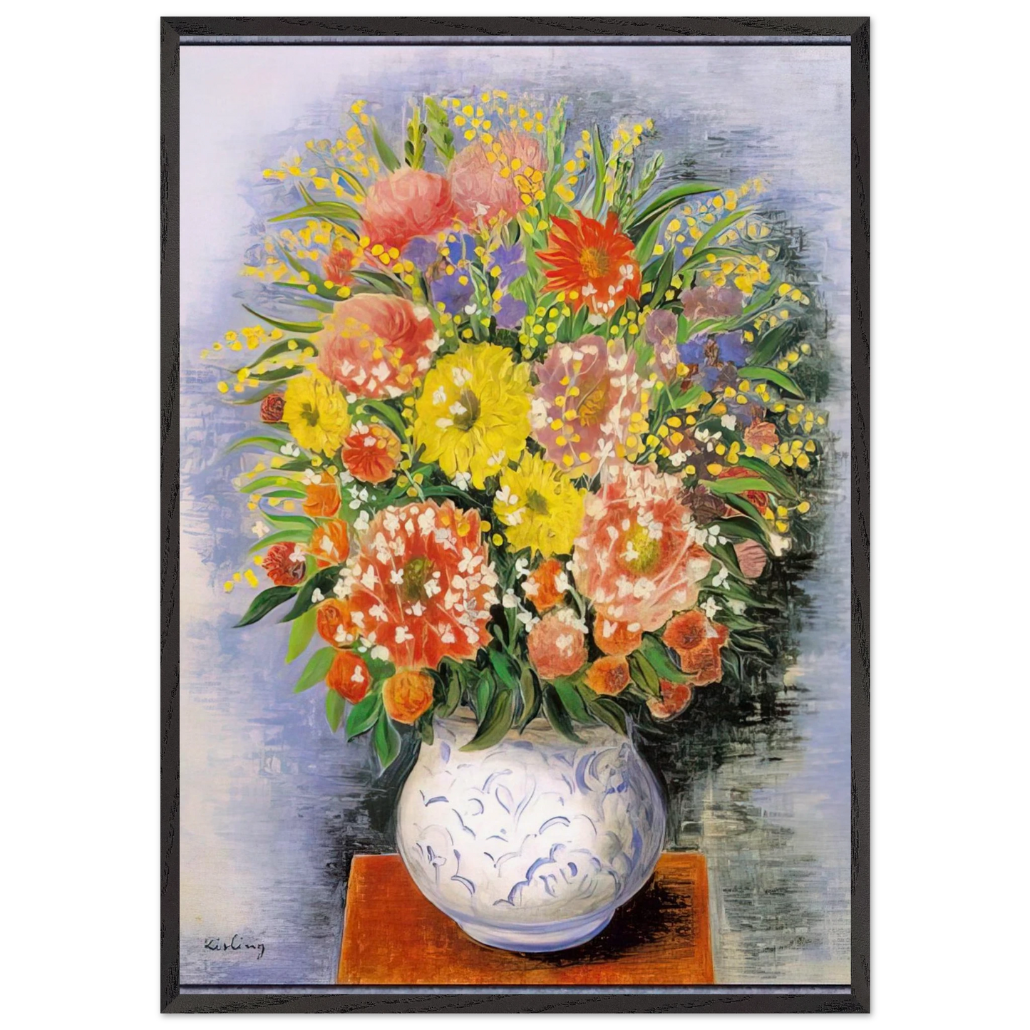 BOUQUET OF VARIOUS FLOWERS AND MIMOSA - Moise Kisling Framed Art Print – Black Wooden Frame - Default Title - -Framed Art Print
