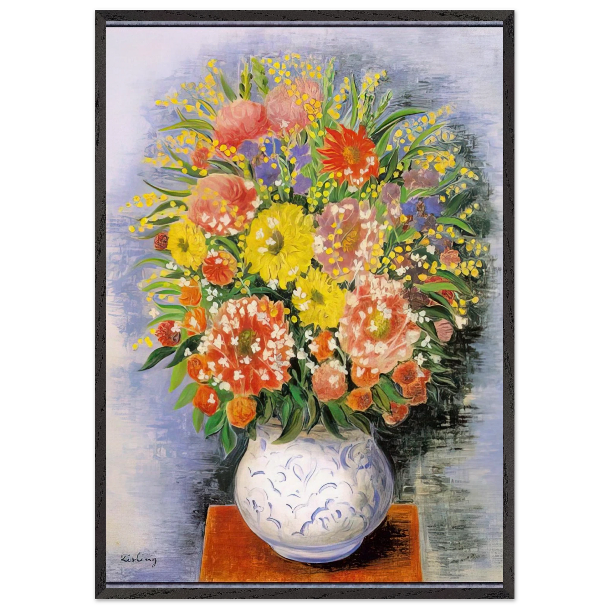 BOUQUET OF VARIOUS FLOWERS AND MIMOSA - Moise Kisling Framed Art Print – Black Wooden Frame - Default Title - -Framed Art Print