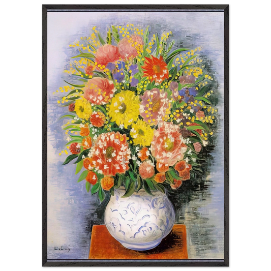 BOUQUET OF VARIOUS FLOWERS AND MIMOSA - Moise Kisling Framed Art Print – Black Wooden Frame - Default Title - -Framed Art Print