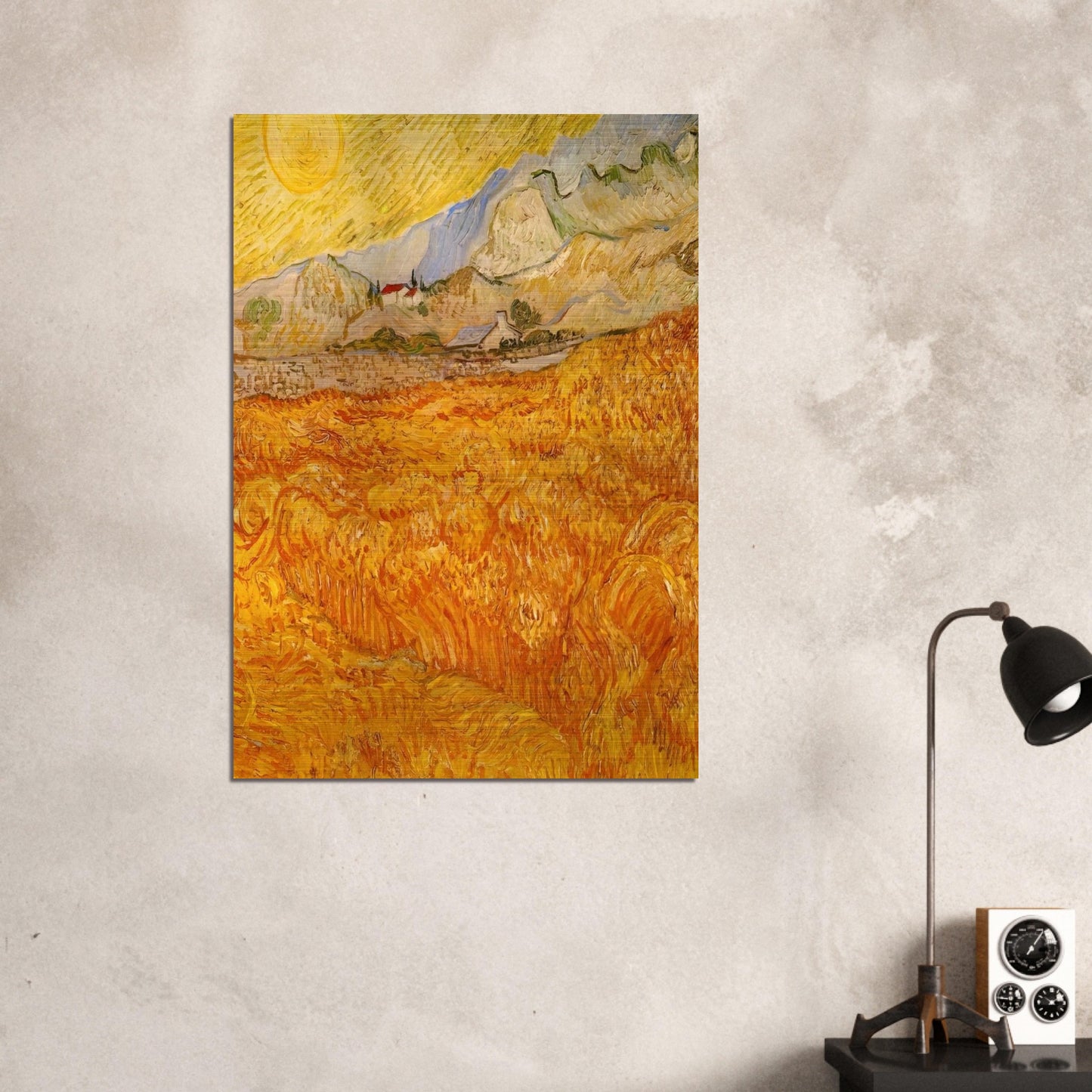 Wheat Field behind Saint Paul Hospital with a Reaper - Vincent van Gogh Brushed Aluminum Print - 70x100 cm / 28x40 inches | Vincent van Gogh Aluminum Print | Vincent van Gogh Prints