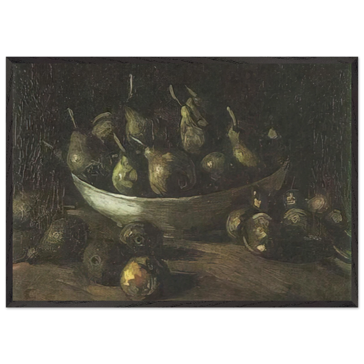 Still life with an Earthern bowl and pears - Vincent van Gogh 70x100 cm / 28x40 inches Framed Art Print – Black Wooden Frame