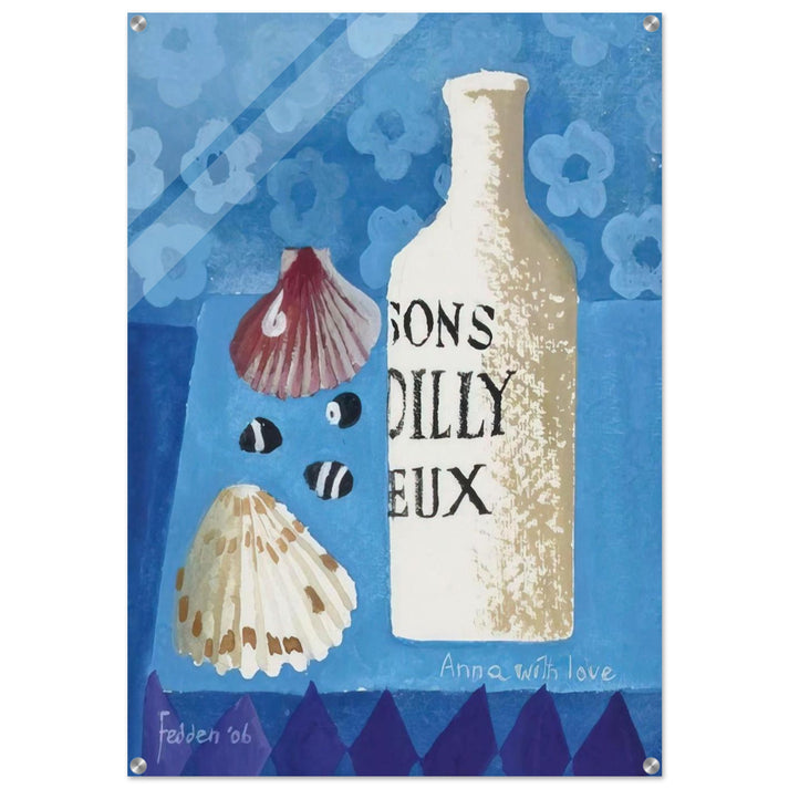 Still life with bottle and shells - 2006 - Mary Fedden Acrylic Print - 70x100 cm / 28x40″ inches | Mary Fedden Wall Art | Mary Fedden Prints