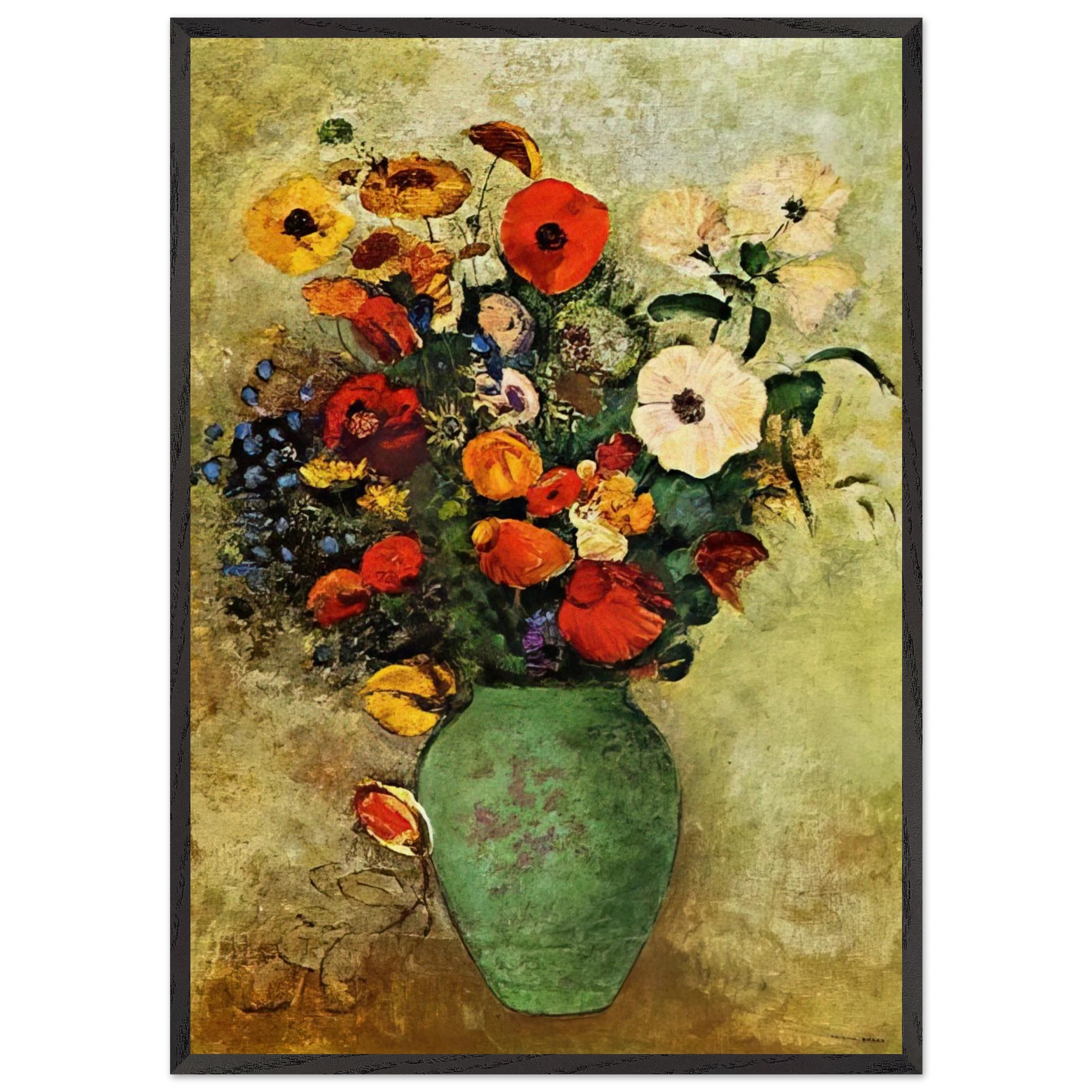 BOUQUET OF FLOWERS IN A GREEN VASE - Odilon Redon Framed Art Print – Black Wooden Frame - Default Title - -Framed Art Print