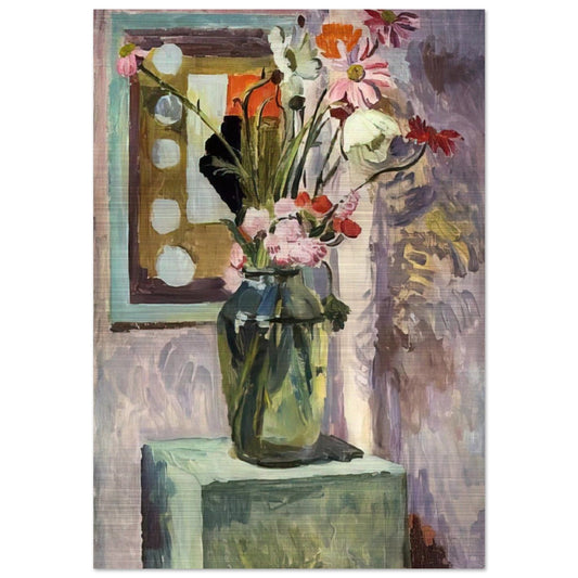 FLOWERS IN A GLASS VASE WITH ABSTRACT NEEDLEWORK DESIGN - Vanessa Bell Brushed Aluminum Print - 70x100 cm / 28x40 inches | Vanessa Bell Aluminum Print | Vanessa Bell Prints