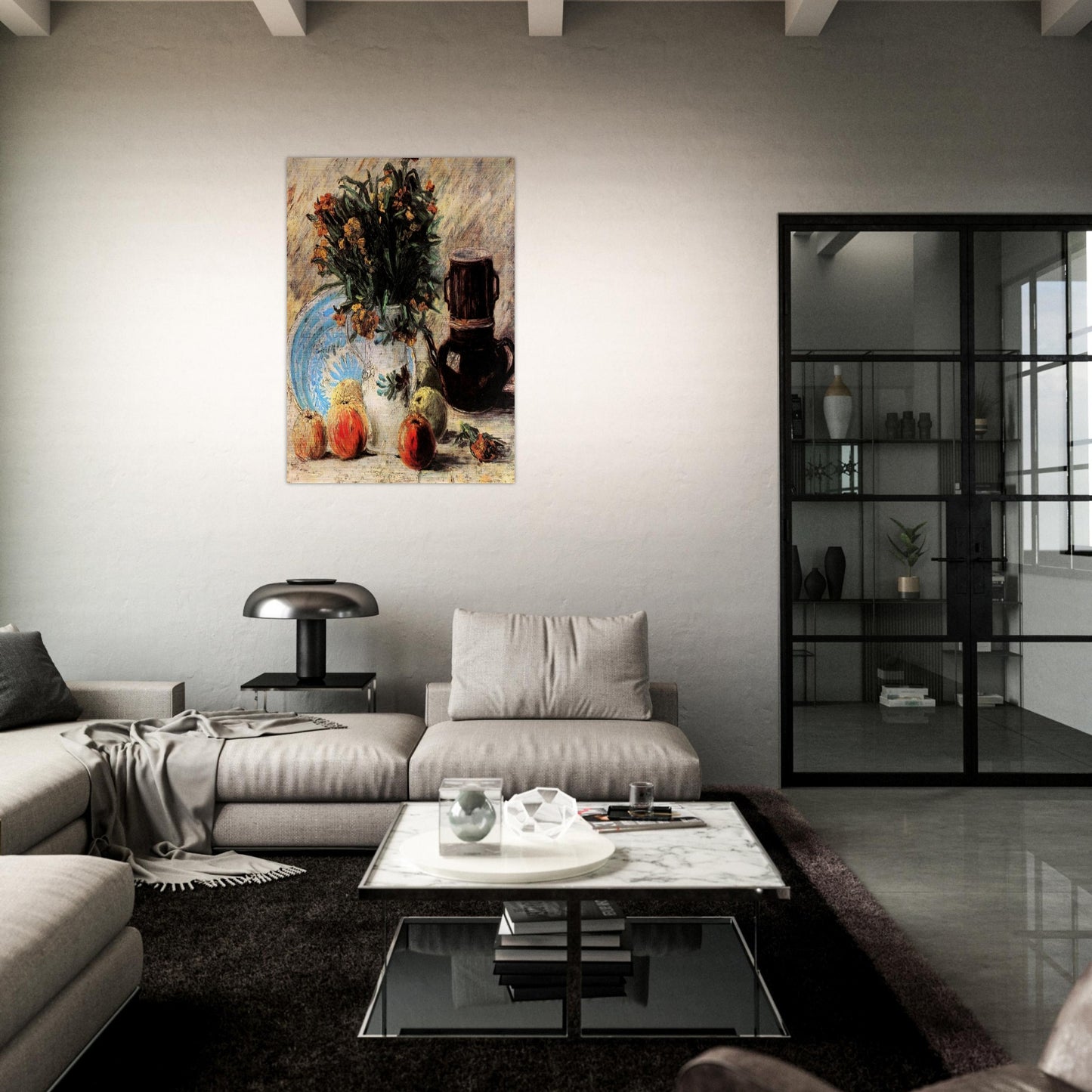 Vase with Flowers, Coffeepot and Fruit - Vincent van Gogh Brushed Aluminum Print - 70x100 cm / 28x40 inches | Vincent van Gogh Aluminum Print | Vincent van Gogh Prints