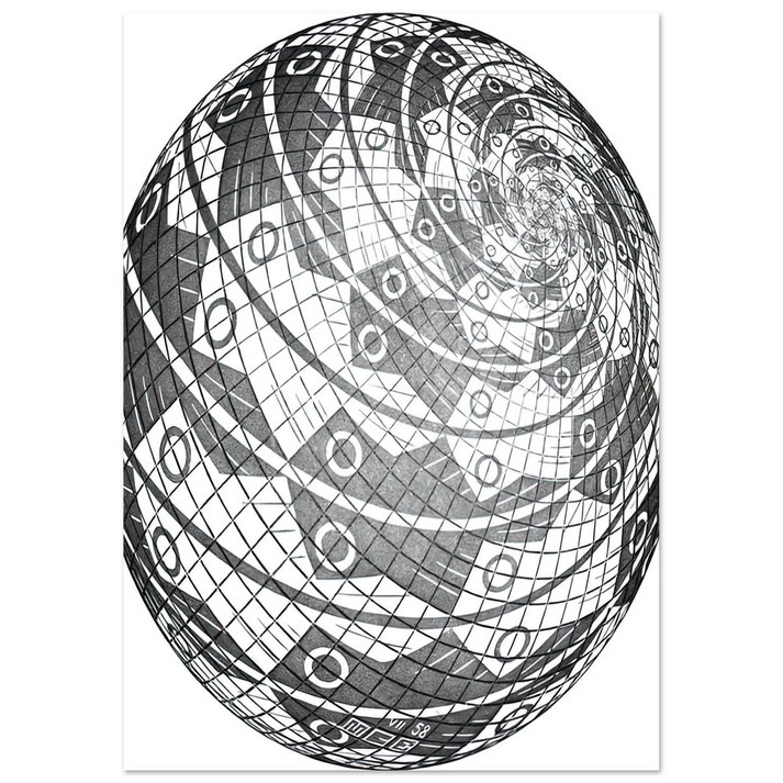 MC Escher - SPHERE SURFACE WITH FISHES Wall Art - 60x80 cm / 24x32 inches - Premium Wooden Framed Poster With Fine Art Paper-canvas - White frame