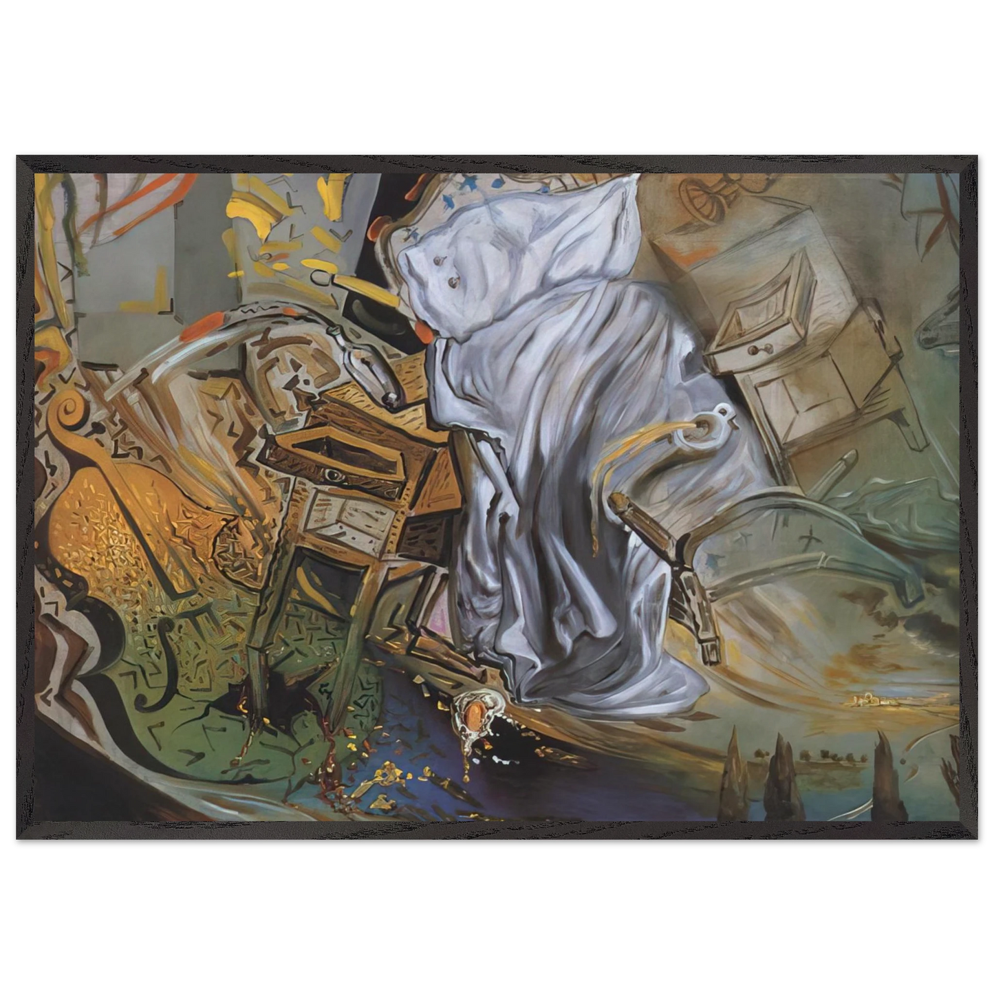 BED AND TWO BEDSIDE TABLES FEROCIOUSLY ATTACKING A CELLO FINAL STAGE - Salvador Dali Framed Art Print – Black Wooden Frame - Default Title - -Framed Art Print