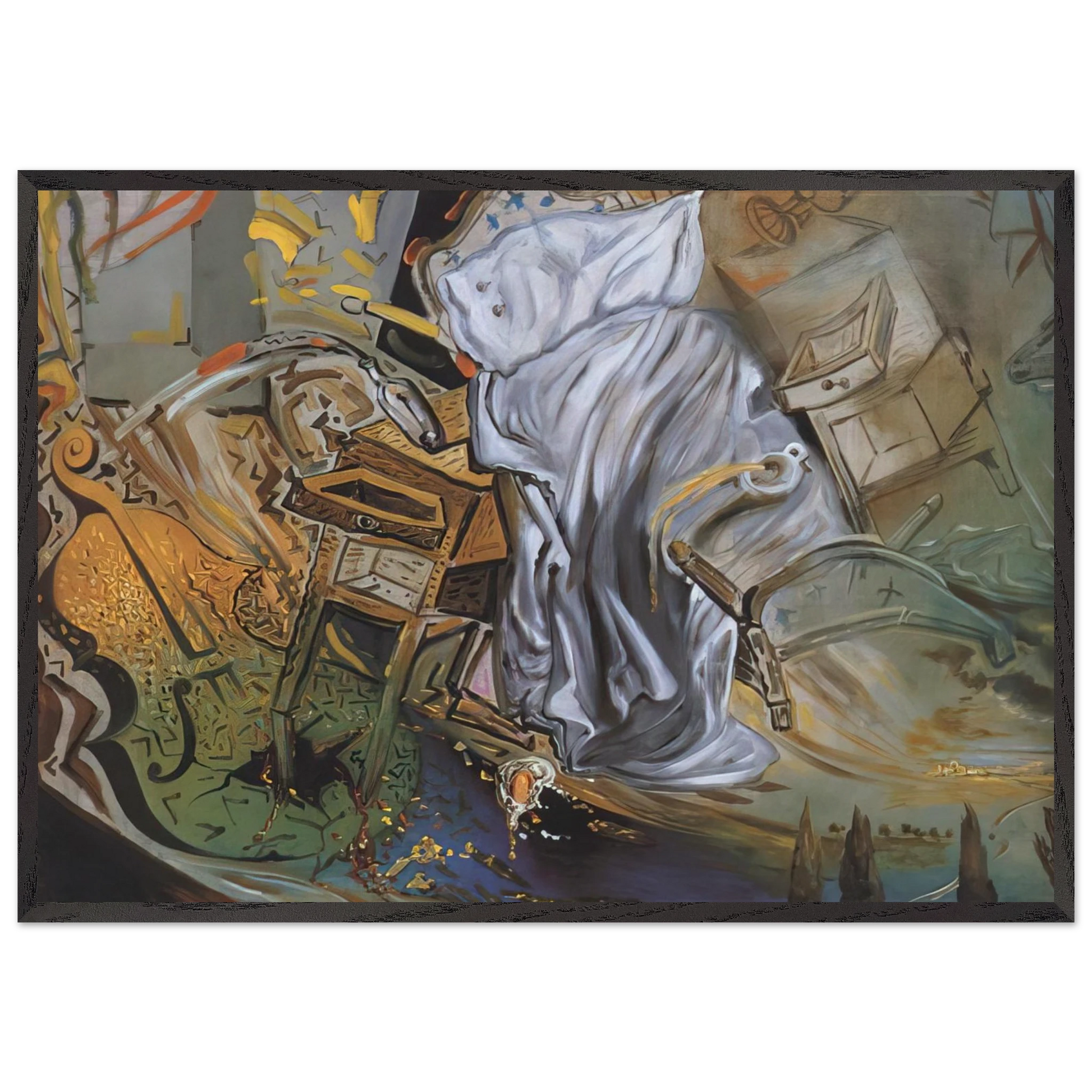 BED AND TWO BEDSIDE TABLES FEROCIOUSLY ATTACKING A CELLO FINAL STAGE - Salvador Dali Framed Art Print – Black Wooden Frame - Default Title - -Framed Art Print