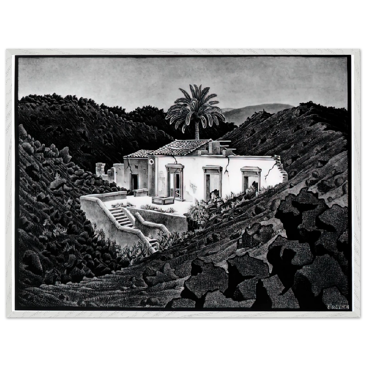 MC Escher - HOUSE IN THE LAVA NEAR NUNZIATA Wall Art - 21x29.7 cm / 8x12" - Premium Wooden Framed Poster With Fine Art Paper - Black frame