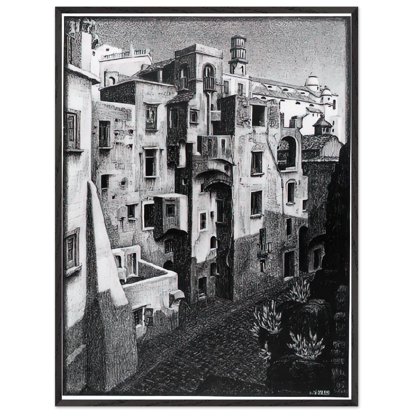 MC Escher - DILAPIDATED HOUSES IN ATRANI 1931 Wall Art - 21x29.7 cm / 8x12" - Premium Wooden Framed Poster With Fine Art Paper - Wood frame