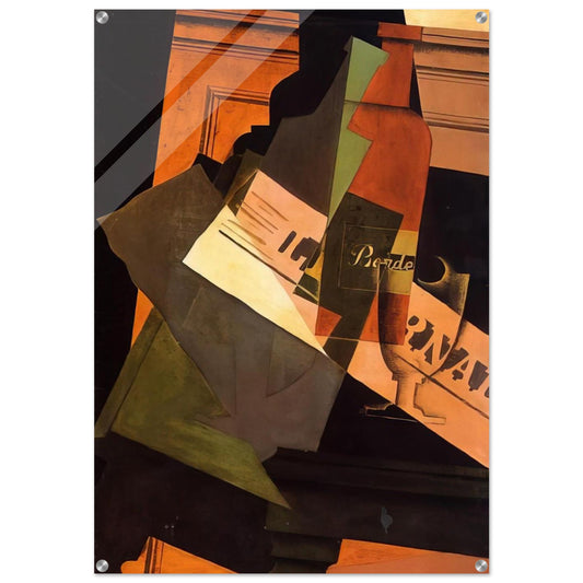 BOTTLE GLASS AND NEWSPAPER - Juan Gris Acrylic Print - 70x100 cm / 28x40″ inches | Juan Gris Wall Art | Juan Gris Prints