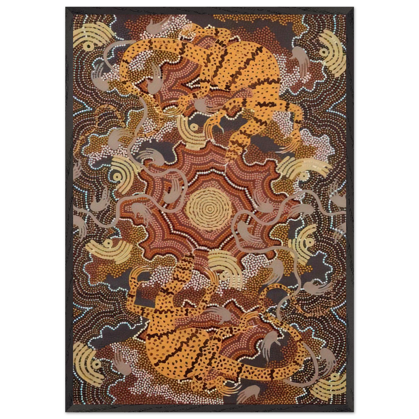 Perentie Goanna Dreaming - 1992 - Clifford Possum Tjapaltjarri Framed Art Print – Black Wooden Frame - Default Title - -Framed Art Print