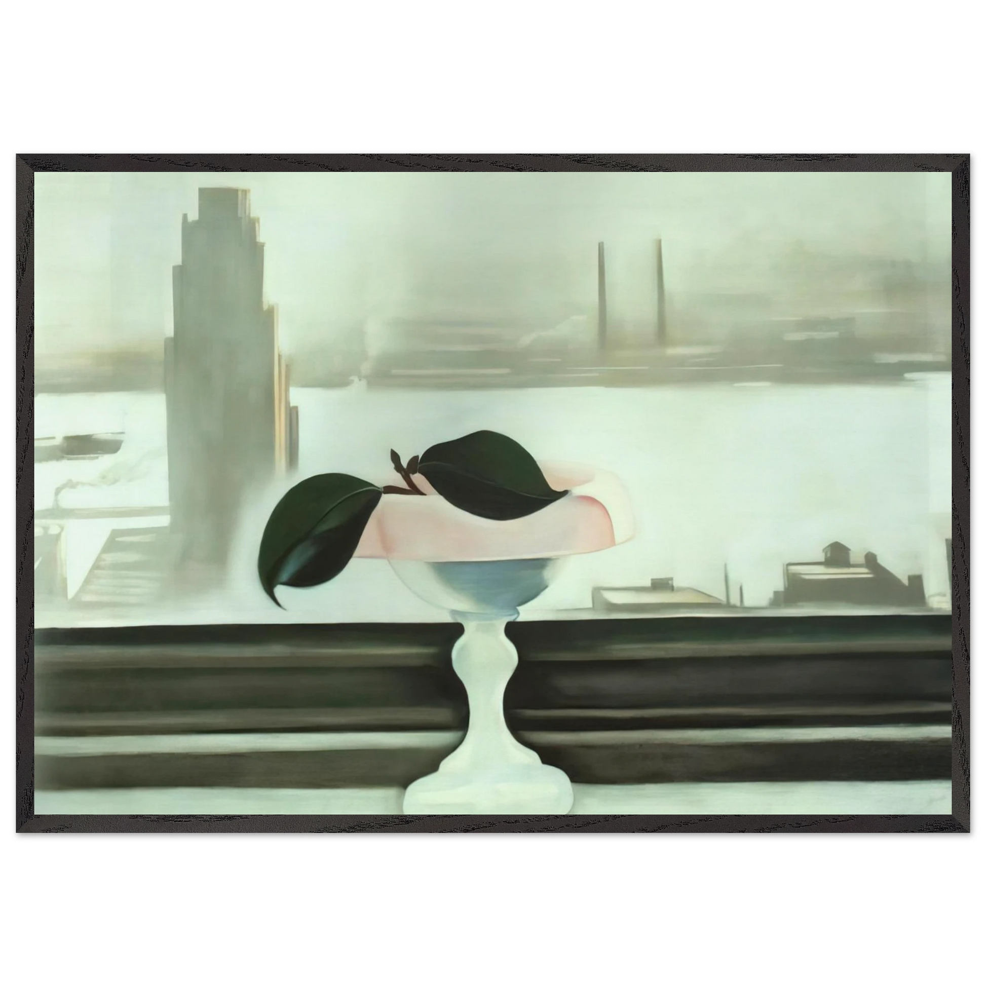 Pink Dish and Green Leaves - Georgia OKeeffe 70x100 cm / 28x40 inches Framed Art Print – Black Wooden Frame