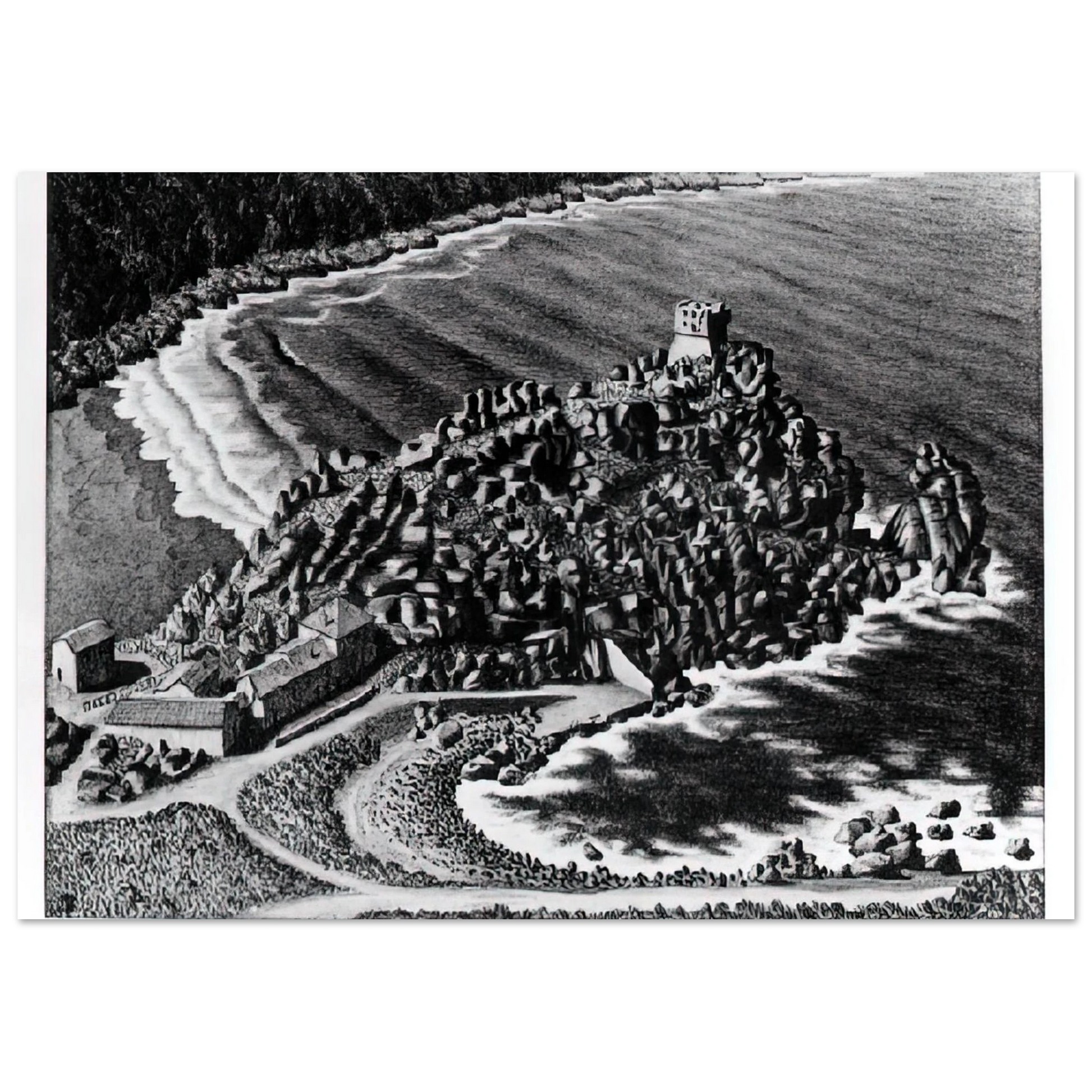 MC Escher - GULF OF PORTO CORSICA DECEMBER 1933 1933 Wall Art - 21x29.7 cm / 8x12" - Premium Wooden Framed Poster With Fine Art Paper - Wood frame