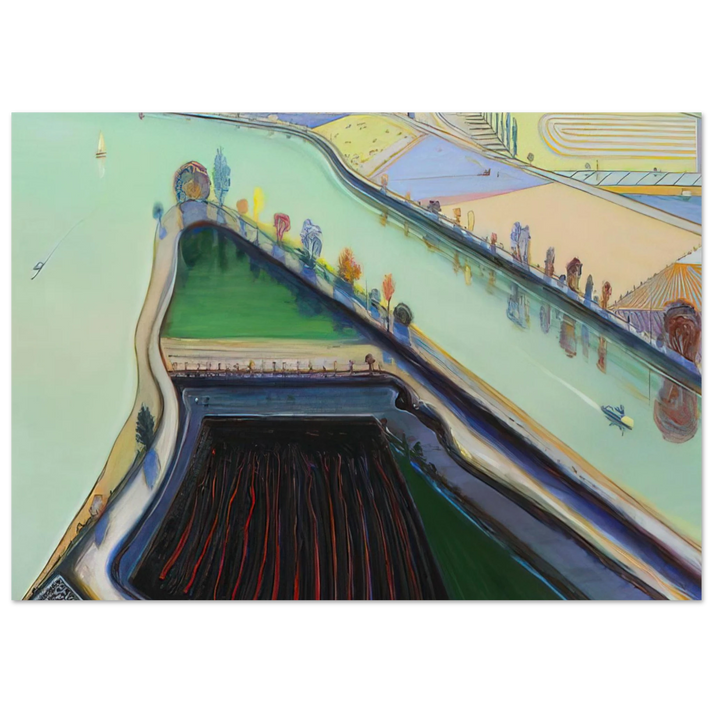 Wayne Thiebaud - River Boats - 2001 Wall Art - 60x80 cm / 24x32 inches - Premium Wooden Framed Poster With Fine Art Paper-canvas - White frame