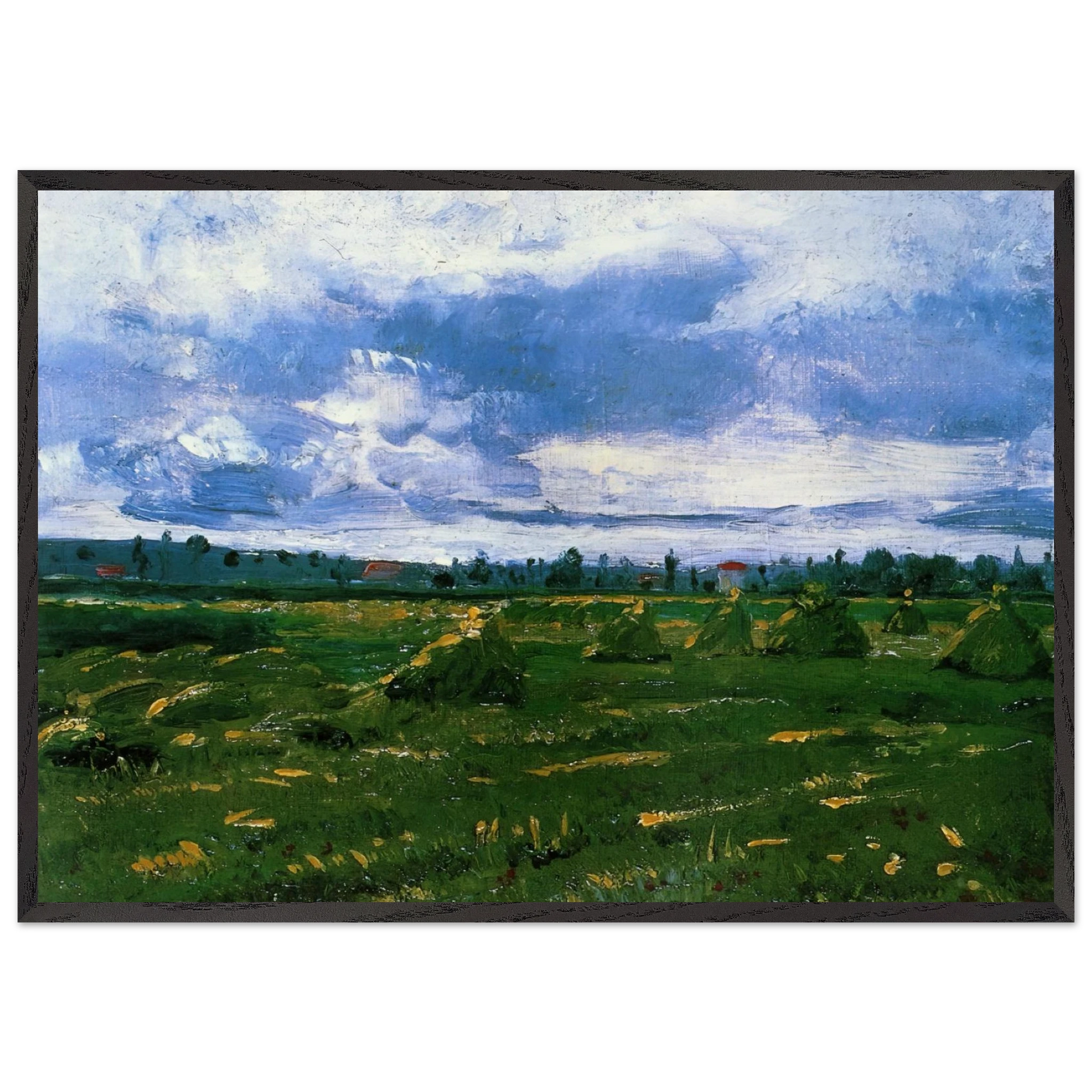 Wheat Fields with Stacks - Vincent van Gogh Framed Art Print – Black Wooden Frame - Default Title - -Framed Art Print