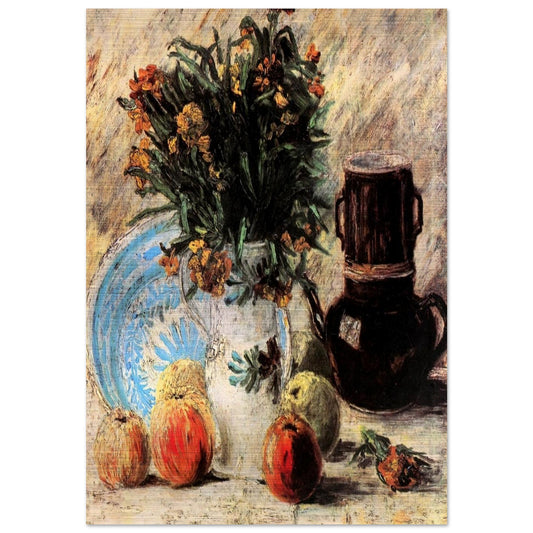Vase with Flowers, Coffeepot and Fruit - Vincent van Gogh Brushed Aluminum Print - 70x100 cm / 28x40 inches | Vincent van Gogh Aluminum Print | Vincent van Gogh Prints
