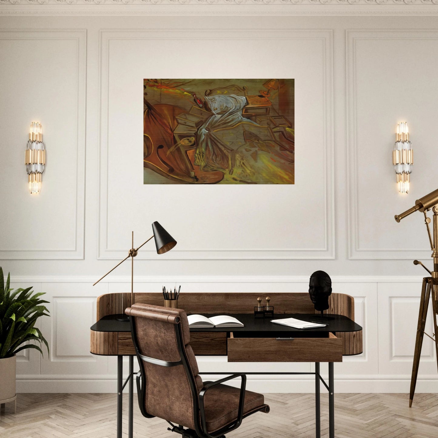 BED AND TWO BEDSIDE TABLES FEROCIOUSLY ATTACKING A CELLO - Salvador Dali Brushed Aluminum Print - 70x100 cm / 28x40 inches | Salvador Dali Aluminum Print | Salvador Dali Prints