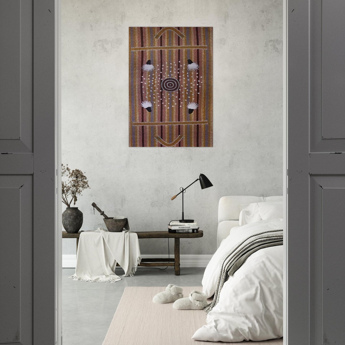 Bush Plum Dreaming - Native Art - Clifford Possum Tjapaltjarri Brushed Aluminum Print - 70x100 cm / 28x40 inches | Clifford Possum Tjapaltjarri Aluminum Print | Clifford Possum Tjapaltjarri Prints