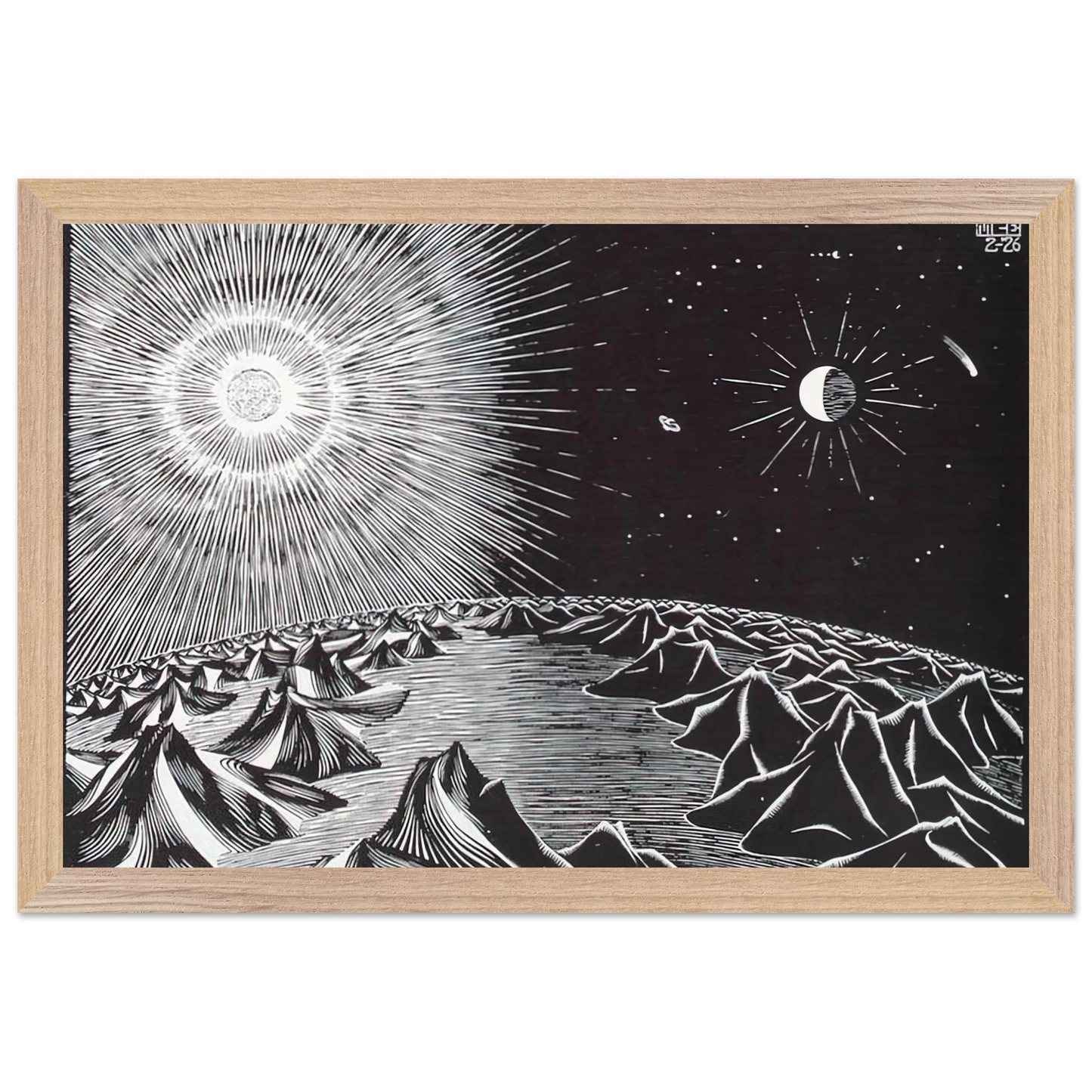 MC Escher - THE 4TH DAY OF THE CREATION Wall Art - 30x40 cm / 12x16 inches - Premium Wooden Framed Poster With Fine Art Paper - White frame