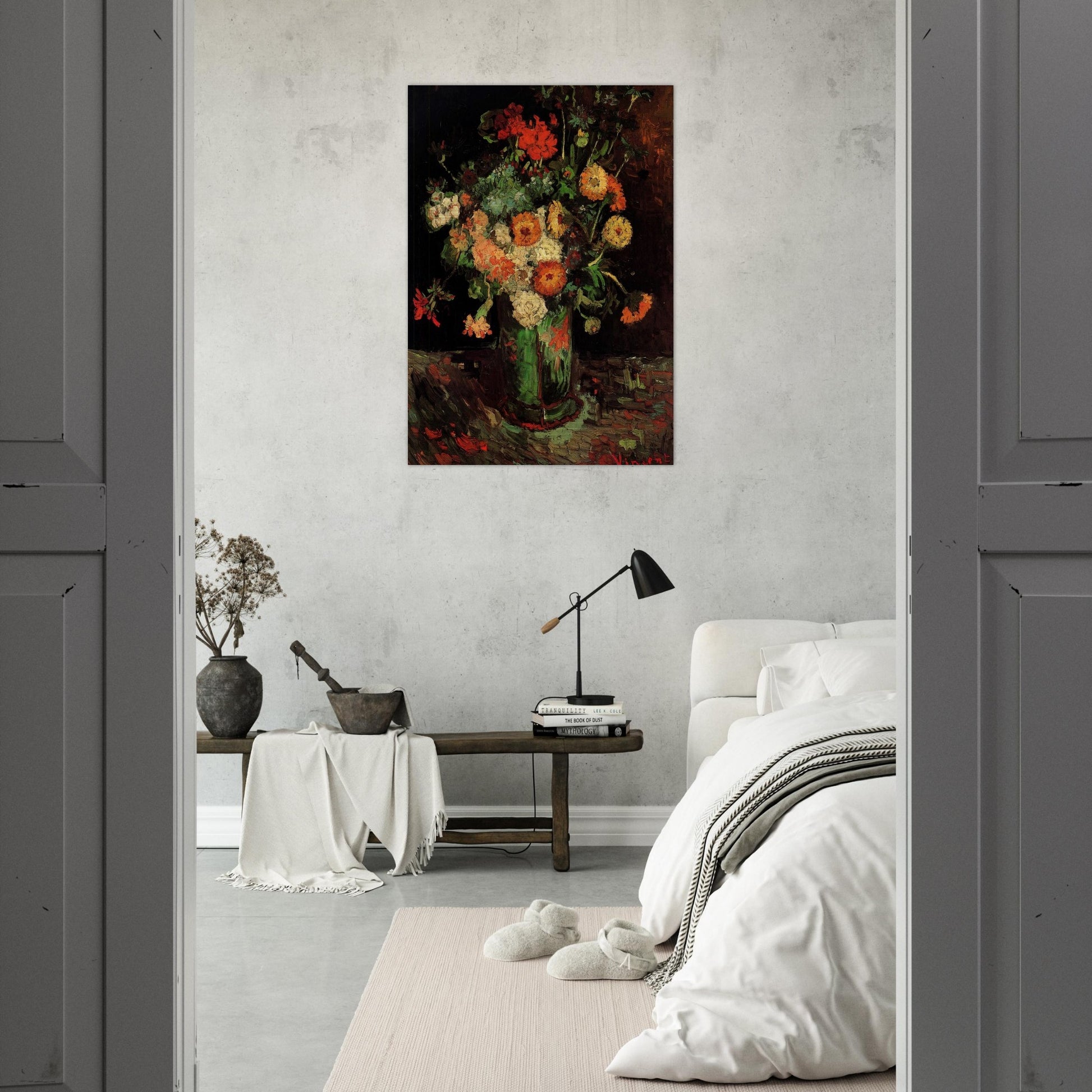 Vase with Zinnias and Geraniums - Vincent van Gogh Brushed Aluminum Print - 70x100 cm / 28x40 inches | Vincent van Gogh Aluminum Print | Vincent van Gogh Prints