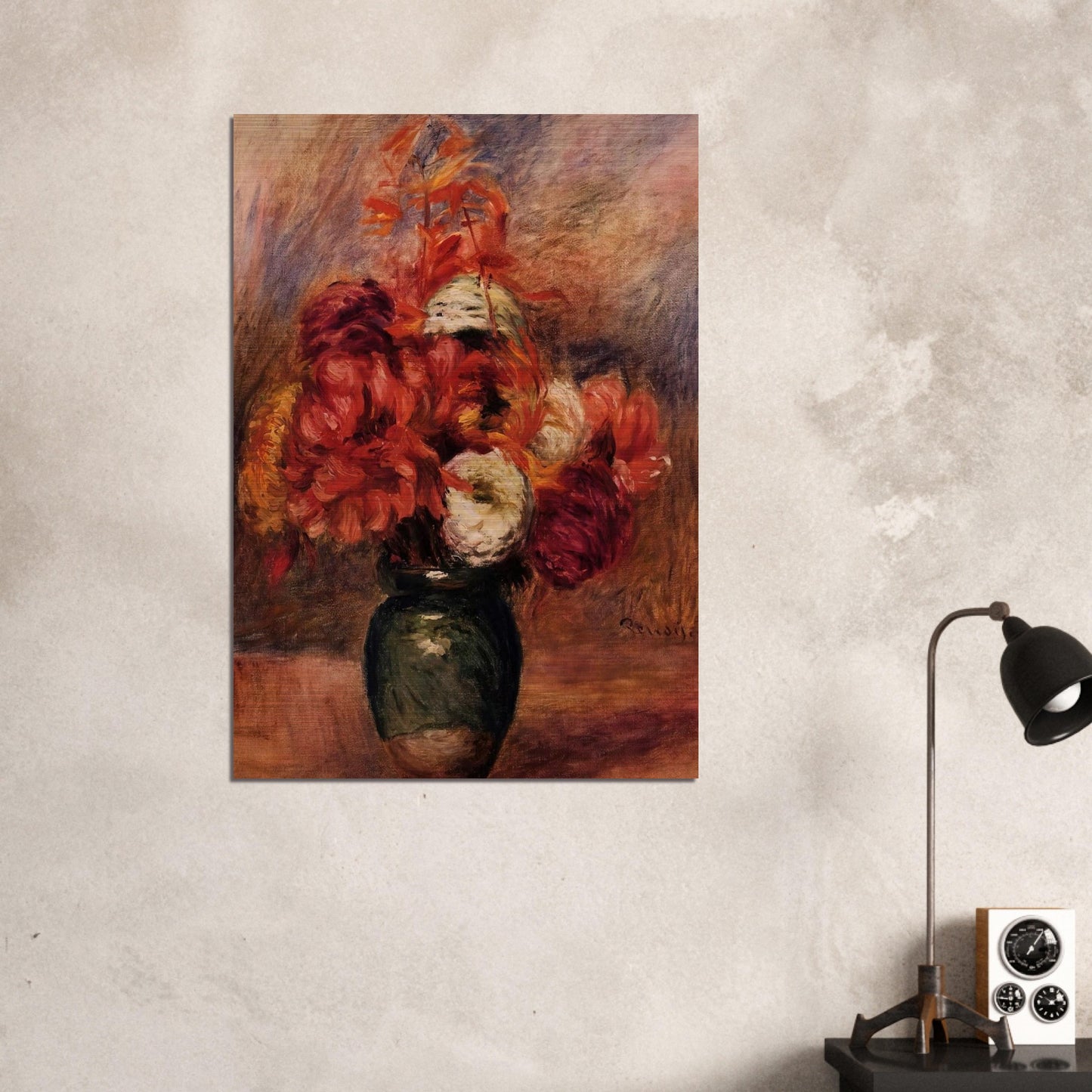 Flowers in a Green Vase Dahlilas and Asters - Pierre-Auguste Renoir Brushed Aluminum Print - 70x100 cm / 28x40 inches | Pierre-Auguste Renoir Aluminum Print | Pierre-Auguste Renoir Prints