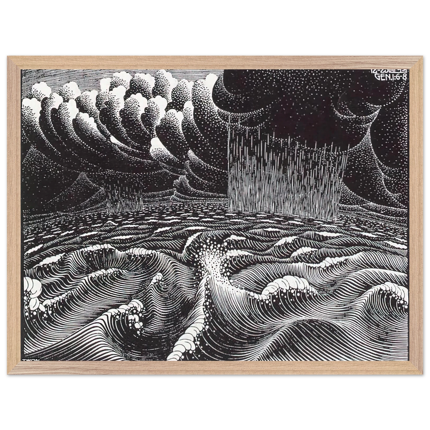 MC Escher - THE 2ND DAY OF THE CREATION Wall Art - 30x40 cm / 12x16 inches - Premium Wooden Framed Poster With Fine Art Paper - Wood frame