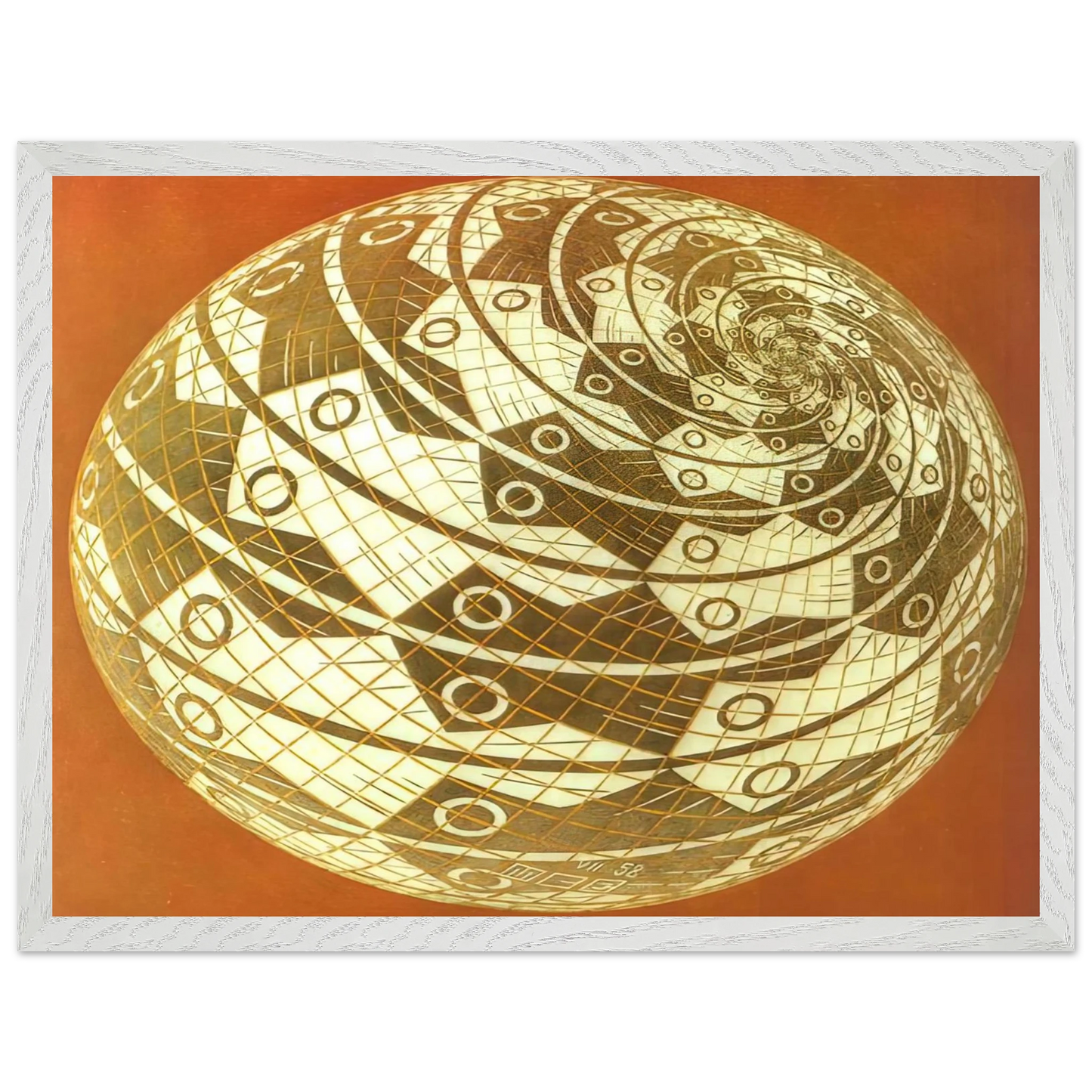 MC Escher - SPHERE SURFACE WITH FISHES COLOUR Wall Art - 21x29.7 cm / 8x12" - Premium Wooden Framed Poster With Fine Art Paper - Wood frame