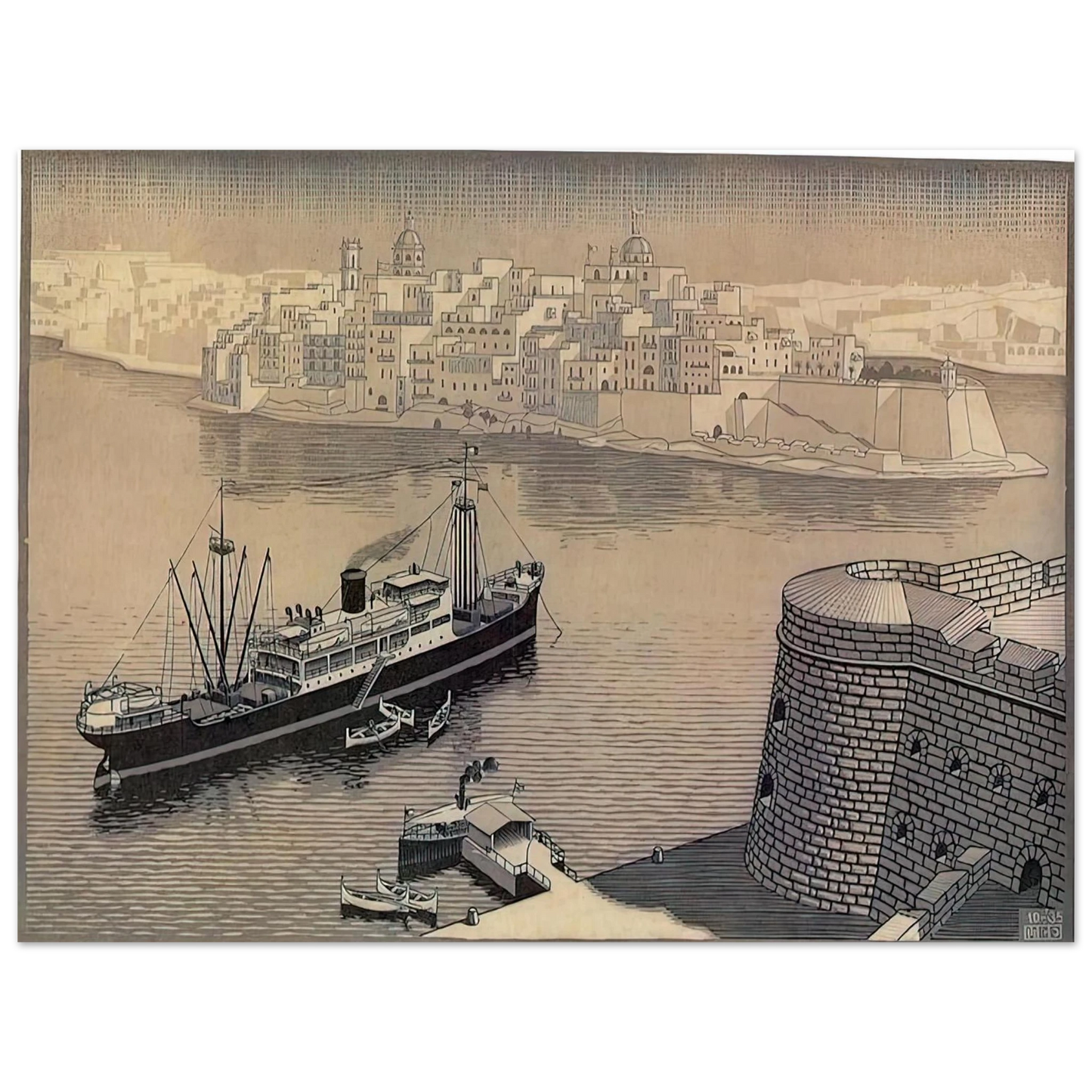 MC Escher - SENGELA MALTA Wall Art - 21x29.7 cm / 8x12" - Premium Wooden Framed Poster With Fine Art Paper - Black frame