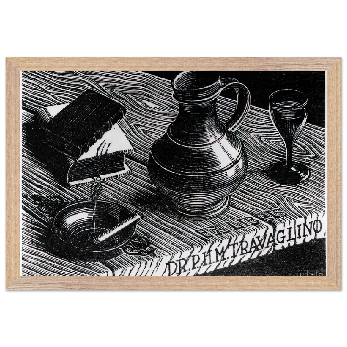 MC Escher - BOOKPLATE DR P H M TRAVAGLINO Wall Art - 21x29.7 cm / 8x12" - Premium Wooden Framed Poster With Fine Art Paper - Black frame