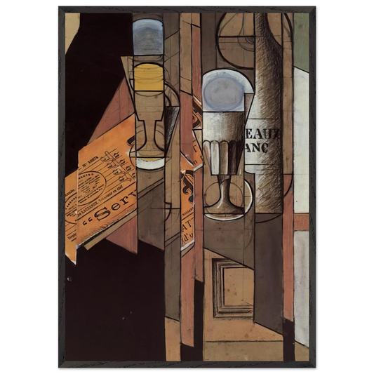 GLASSES NEWSPAPER AND BOTTLE OF WINE - Juan Gris Framed Art Print – Black Wooden Frame - Default Title - -Framed Art Print