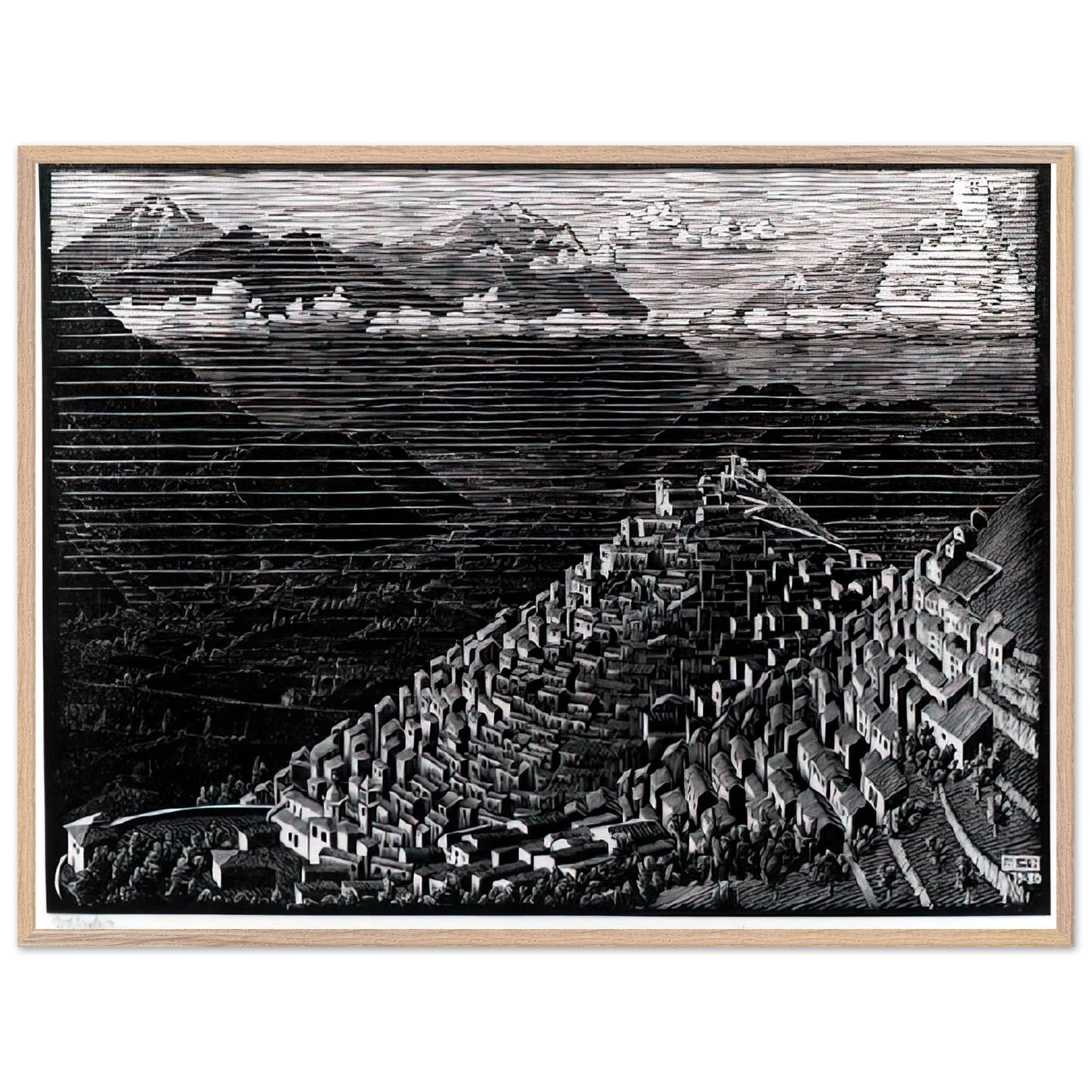 MC Escher - MORANO CALABRIA Wall Art - 21x29.7 cm / 8x12" - Premium Wooden Framed Poster With Fine Art Paper - White frame