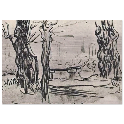Garden of the Asylum and Tree Trunks and a Stone Bench - Vincent van Gogh Brushed Aluminum Print - 70x100 cm / 28x40 inches | Vincent van Gogh Aluminum Print | Vincent van Gogh Prints