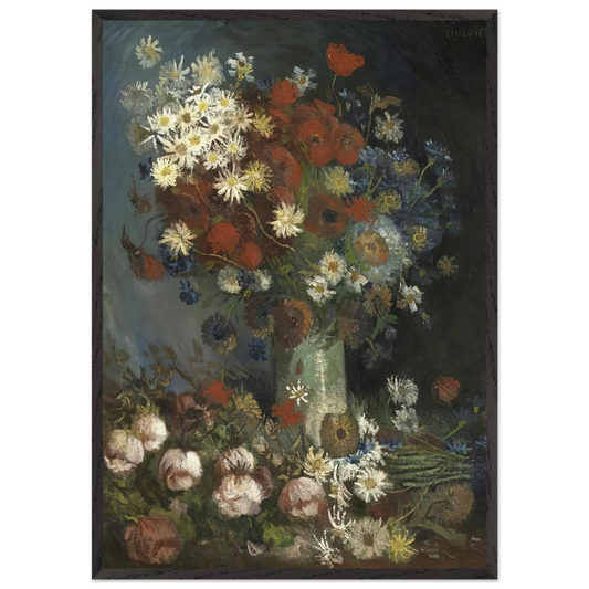 Still life with meadow flowers and roses - Vincent van Gogh 70x100 cm / 28x40 inches Framed Art Print – Black Wooden Frame