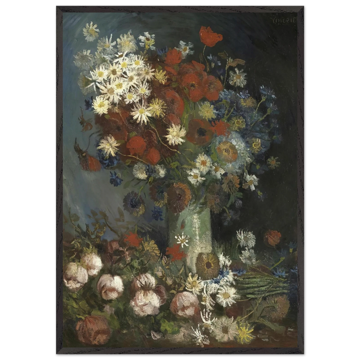 Still life with meadow flowers and roses - Vincent van Gogh 70x100 cm / 28x40 inches Framed Art Print – Black Wooden Frame
