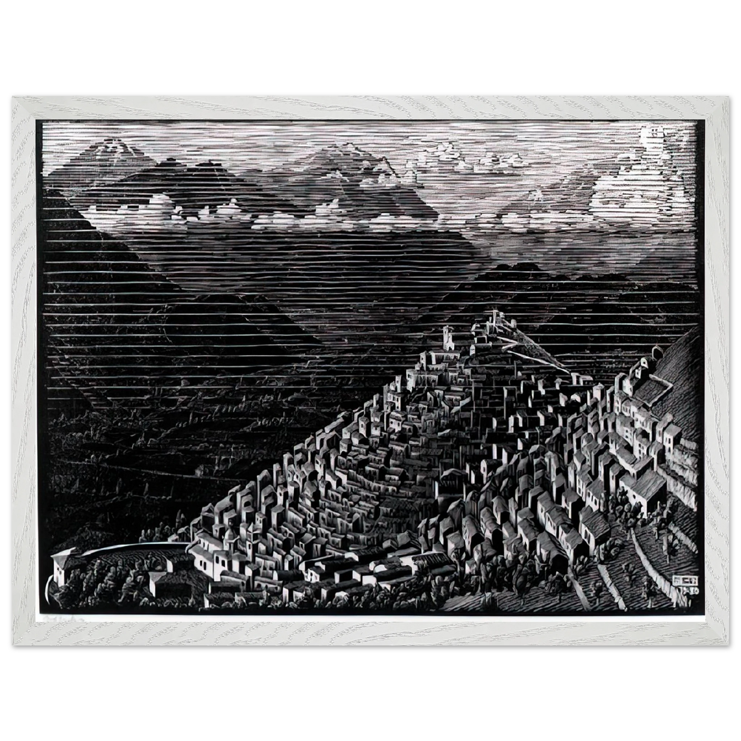 MC Escher - MORANO CALABRIA Wall Art - 30x40 cm / 12x16 inches - Premium Wooden Framed Poster With Fine Art Paper - Black frame