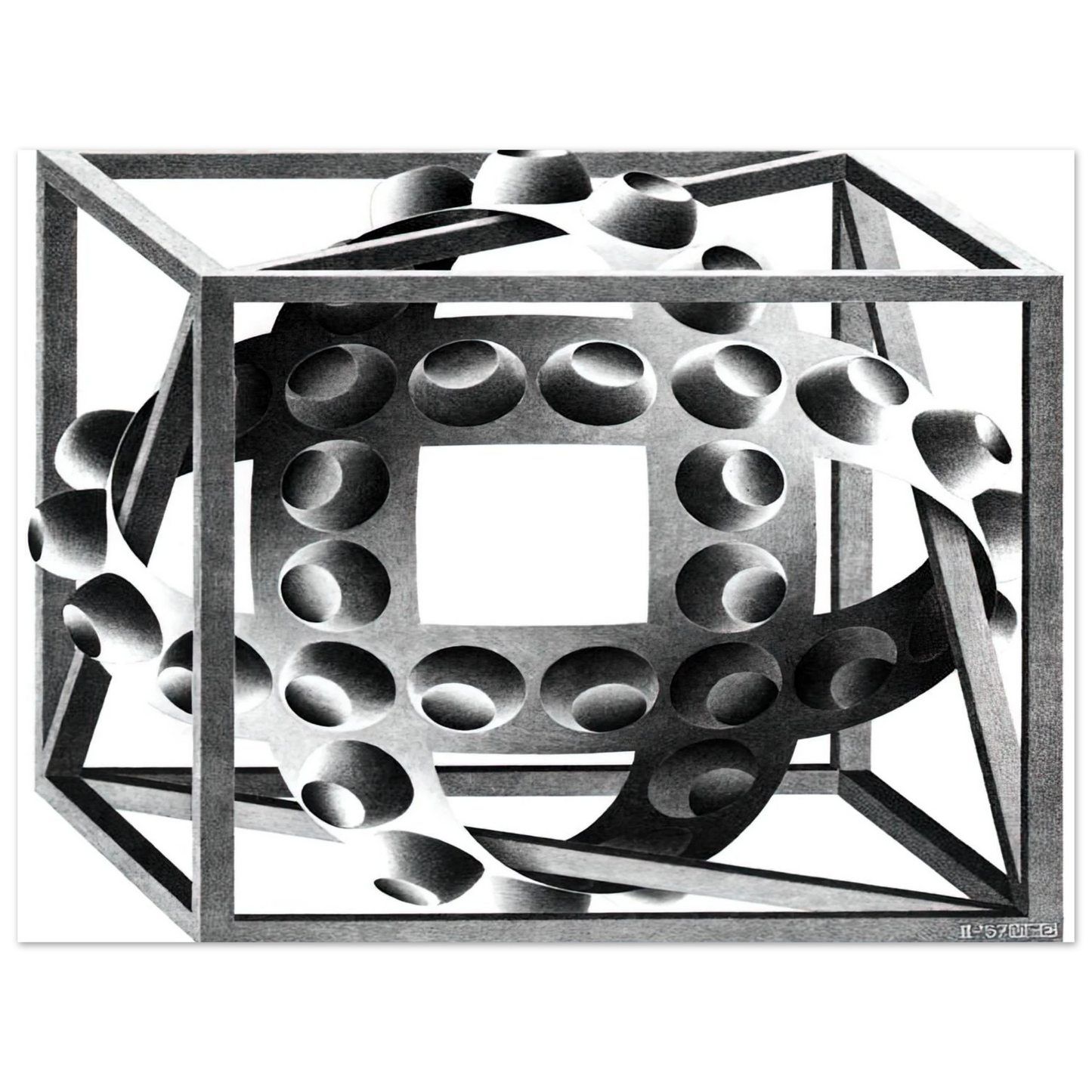 MC Escher - CUBE WITH MAGIC RIBBONS Wall Art - 30x40 cm / 12x16 inches - Premium Wooden Framed Poster With Fine Art Paper - White frame