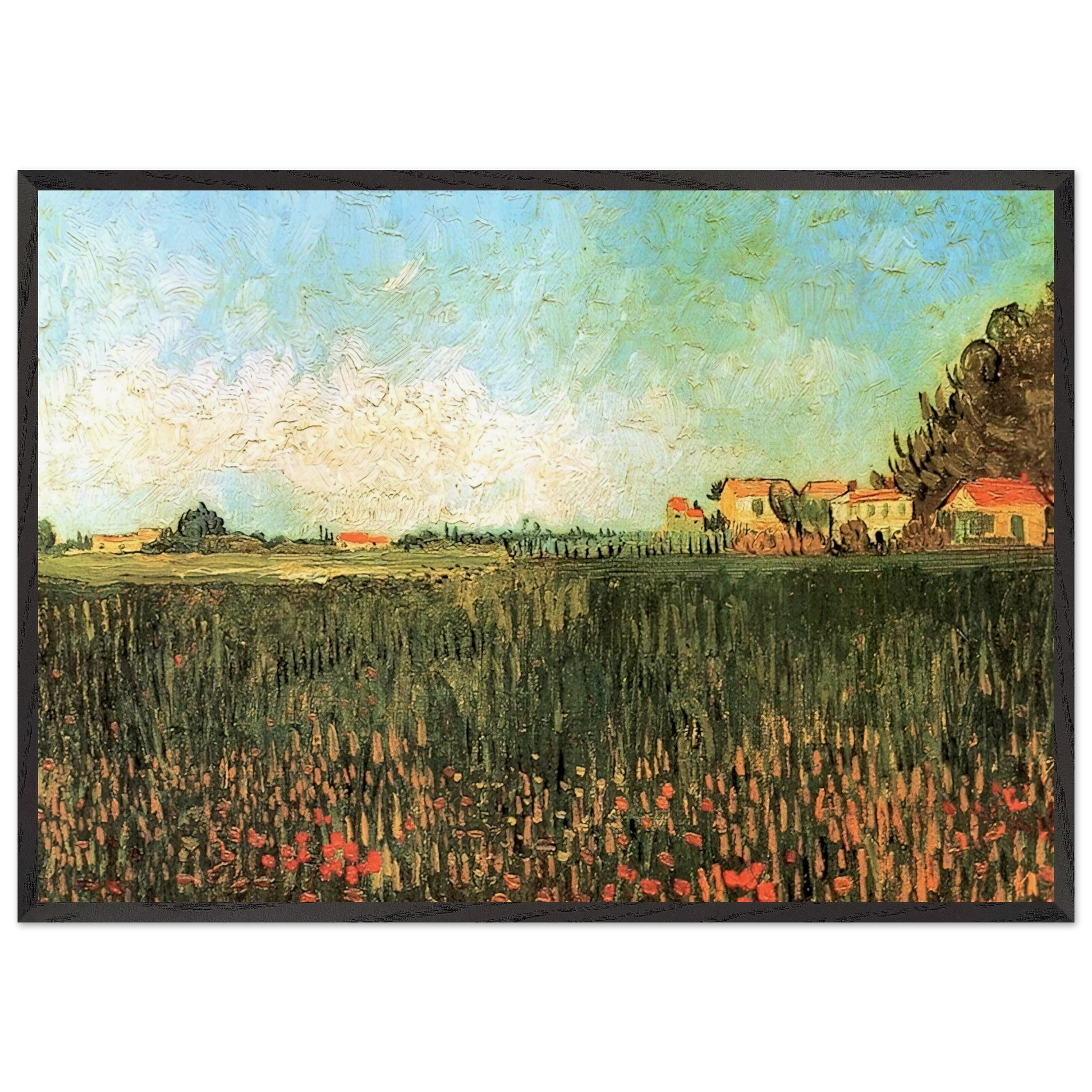 Farmhouses in a Wheat Field Near Arles - Vincent van Gogh Framed Art Print – Black Wooden Frame - Default Title - -Framed Art Print